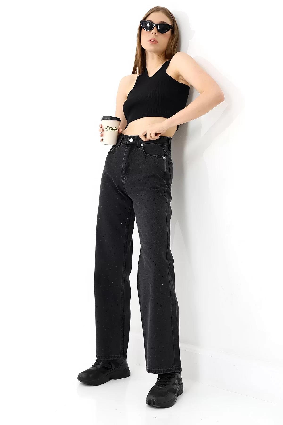 Taşlı Yüksek Bel Straight Fit Pantolon