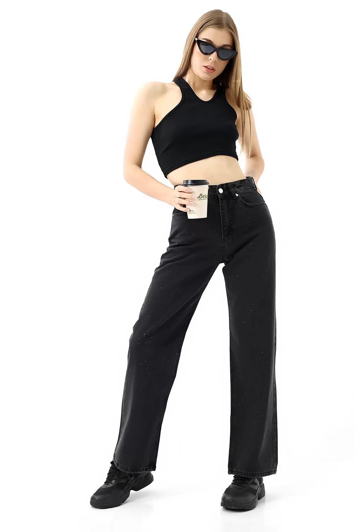 Taşlı Yüksek Bel Straight Fit Pantolon
