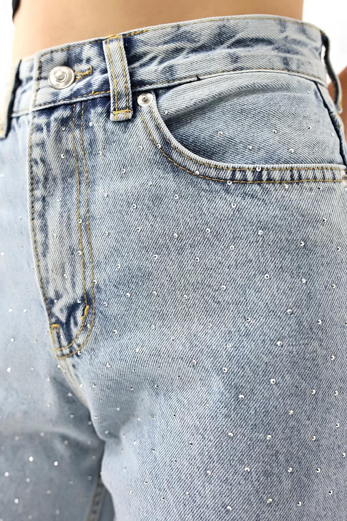 Taşlı Yüksek Bel Straight Fit Pantolon
