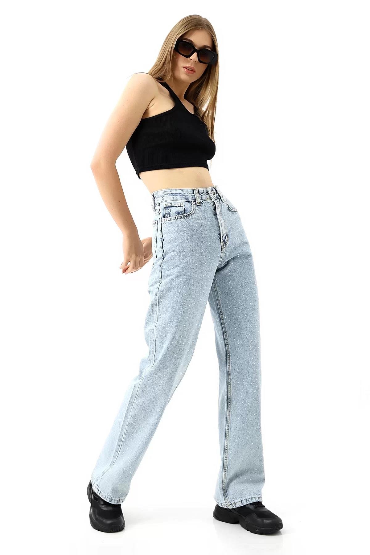 Taşlı Yüksek Bel Straight Fit Pantolon