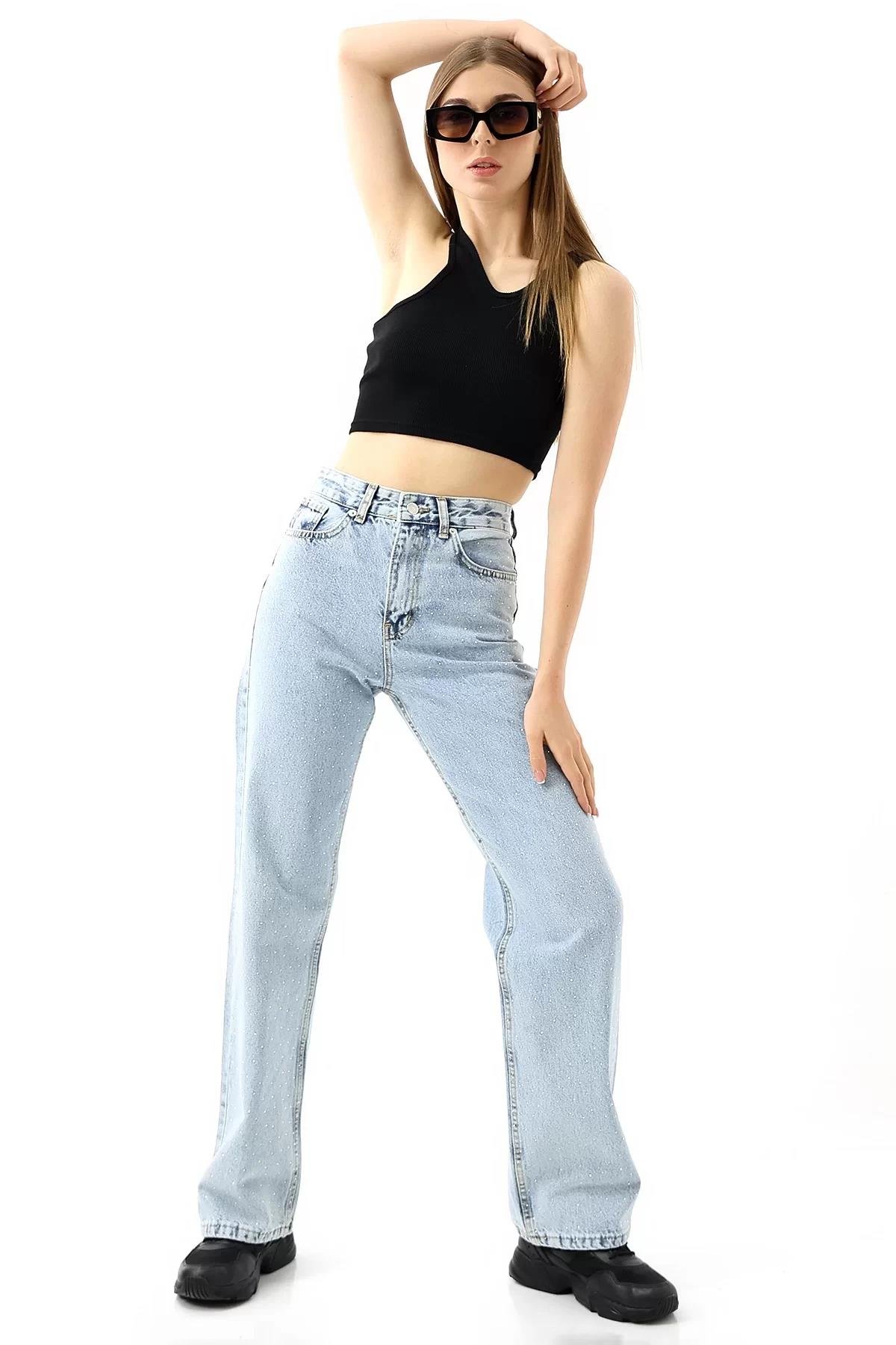 Taşlı Yüksek Bel Straight Fit Pantolon