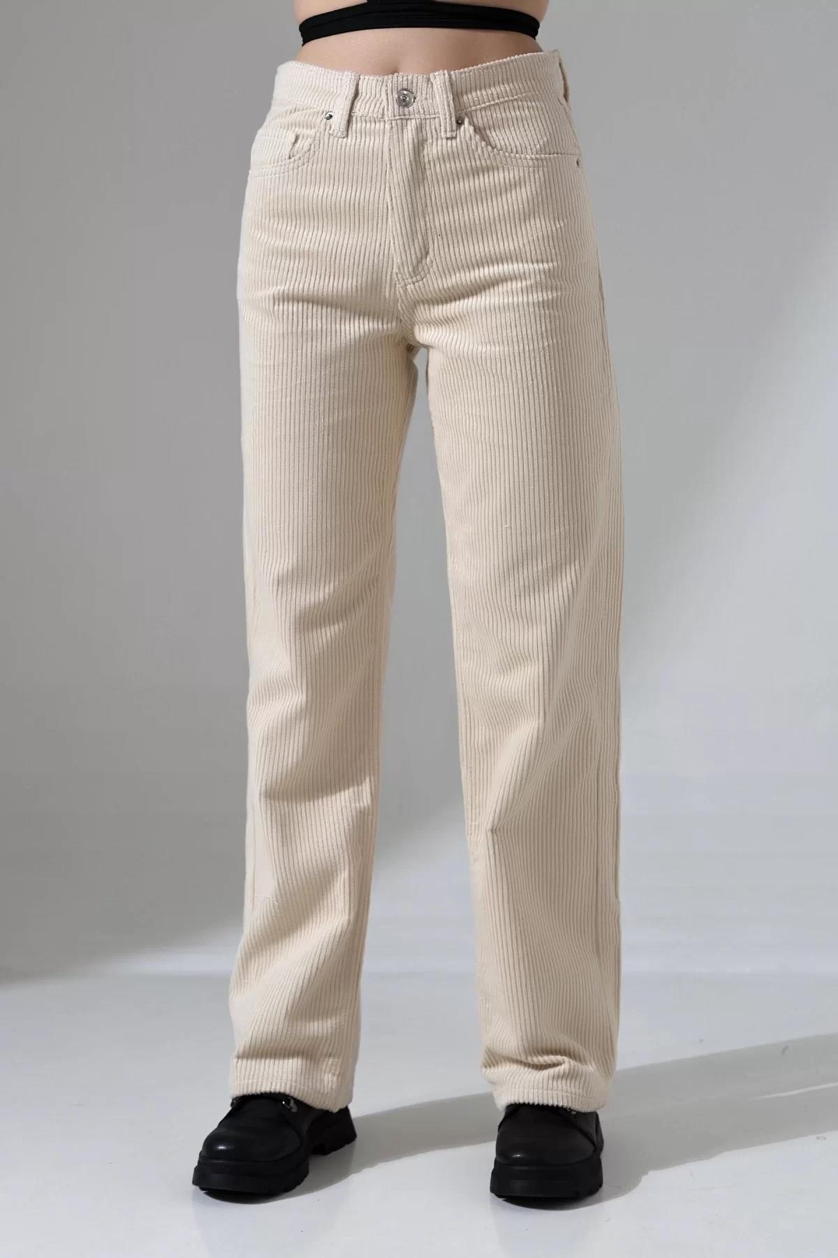 Yüksek Bel Kadife Straight Fit Pantolon