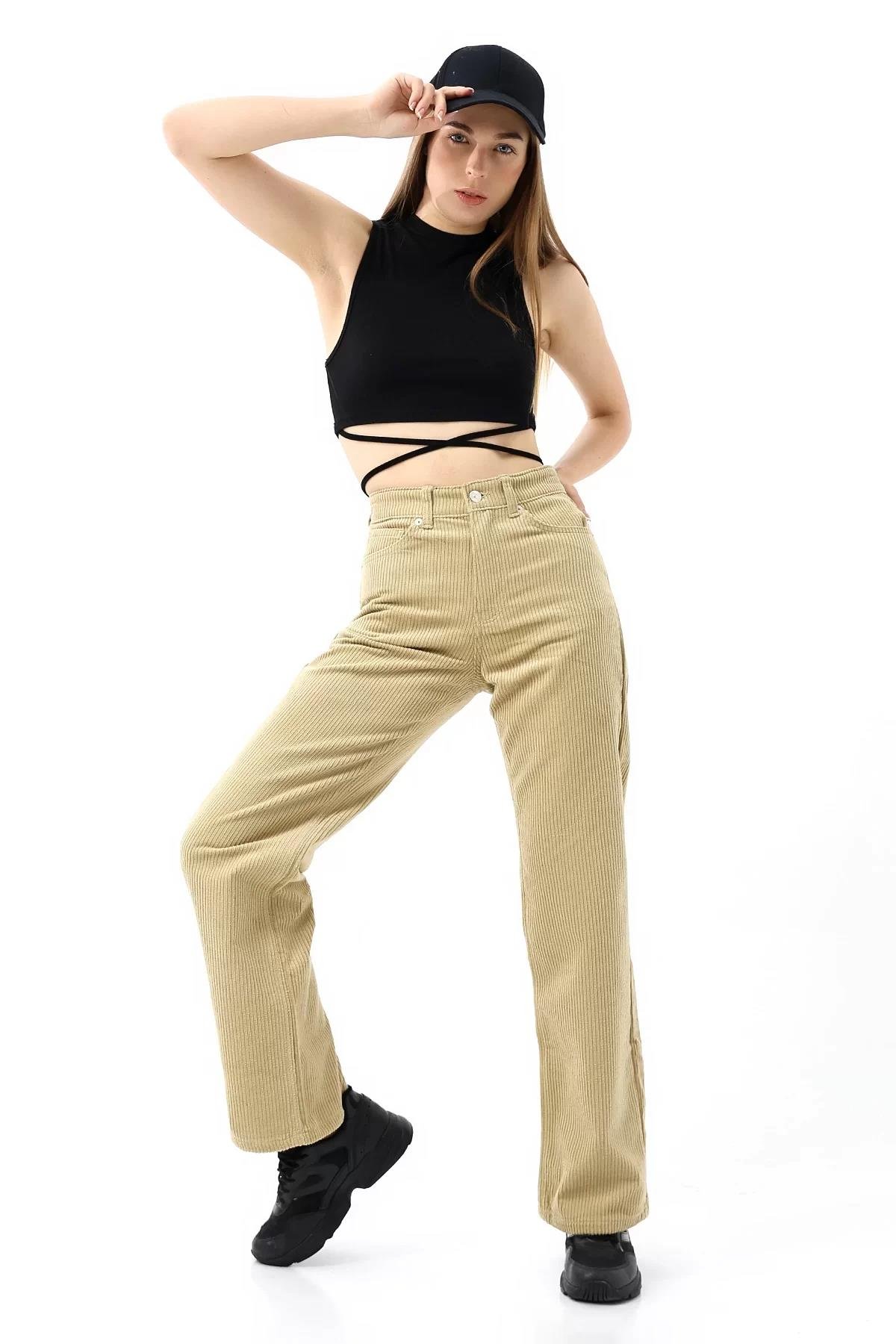 Yüksek Bel Kadife Straight Fit Pantolon