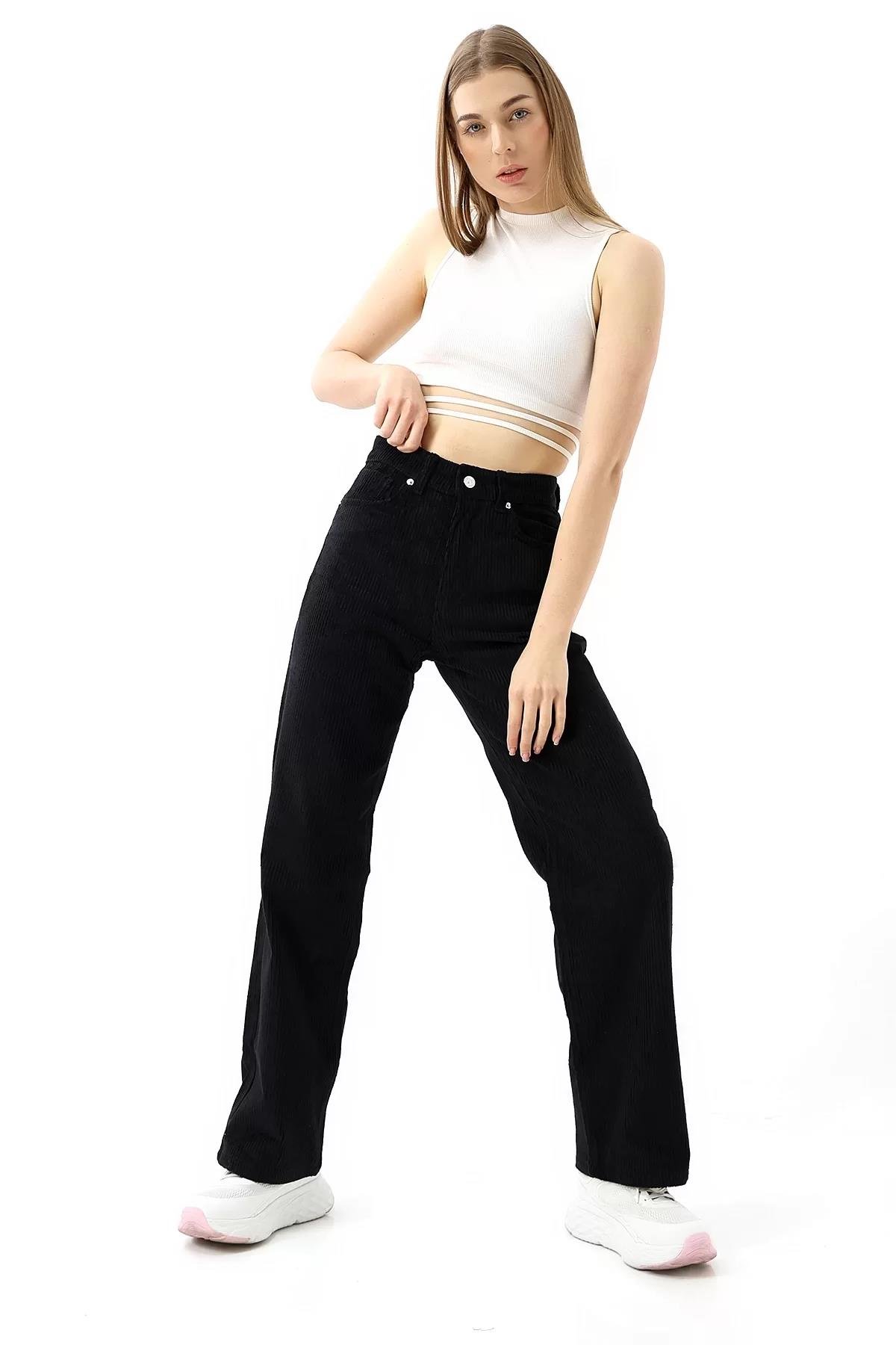 Yüksek Bel Kadife Straight Fit Pantolon