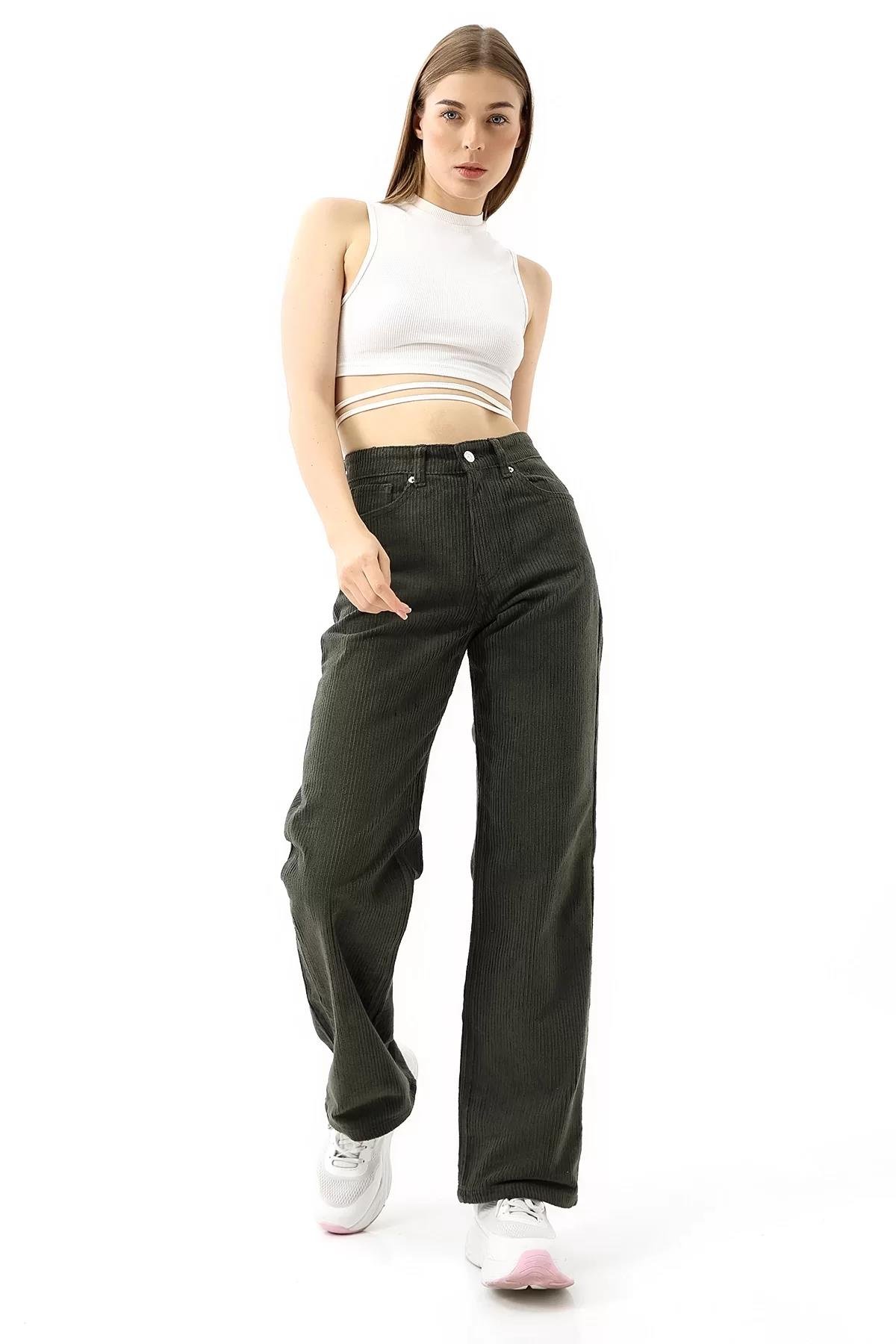 Yüksek Bel Kadife Straight Fit Pantolon