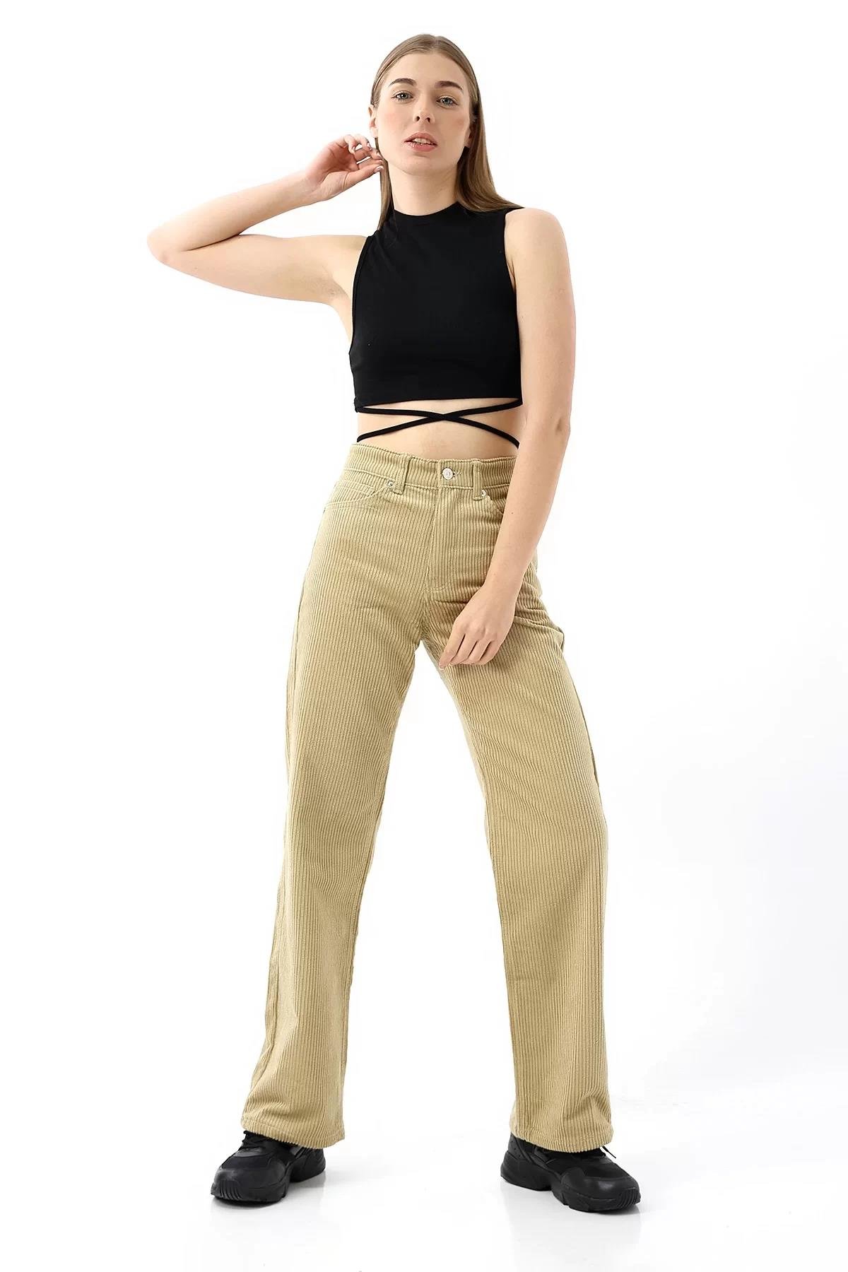Yüksek Bel Kadife Straight Fit Pantolon