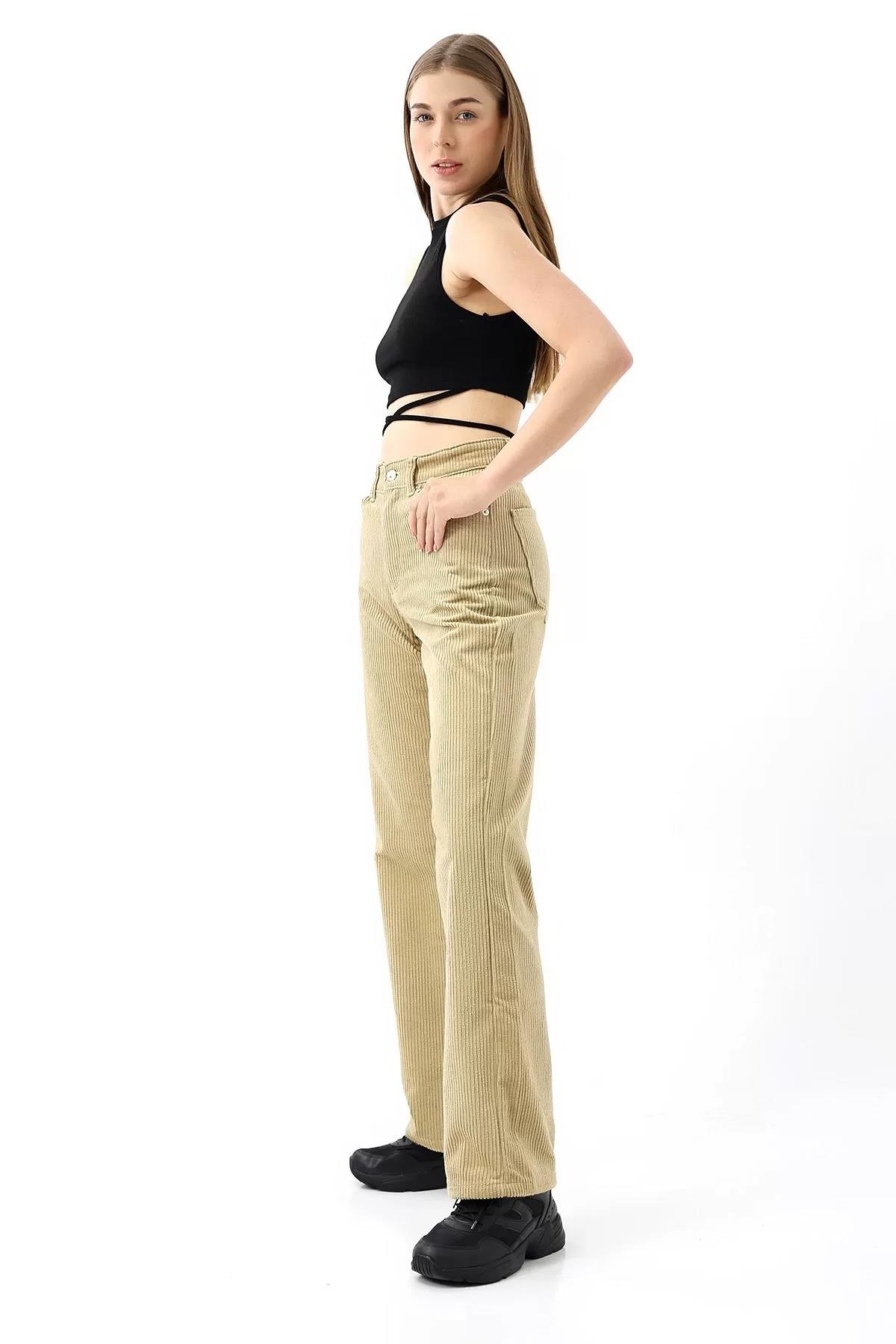 Yüksek Bel Kadife Straight Fit Pantolon