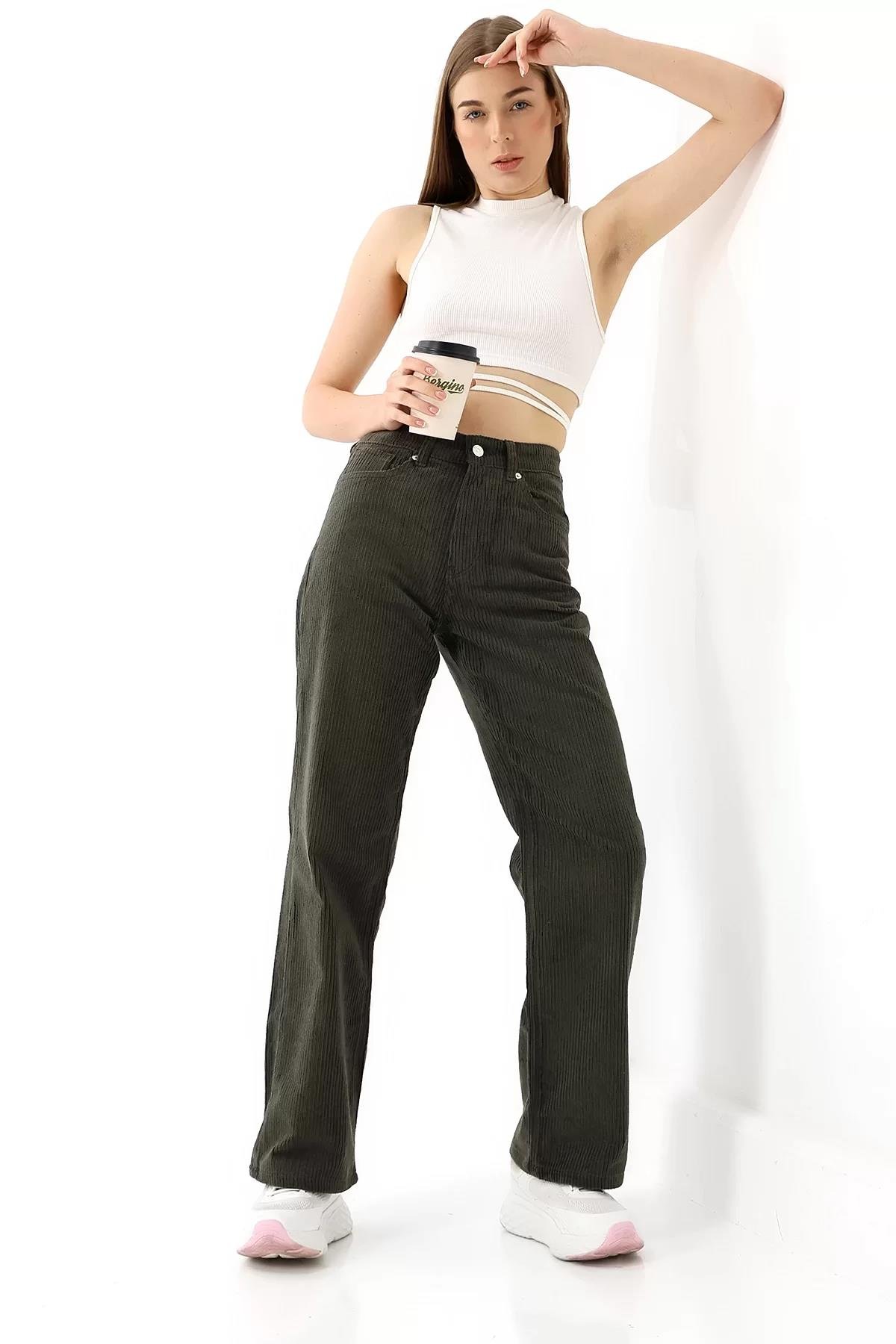 Yüksek Bel Kadife Straight Fit Pantolon