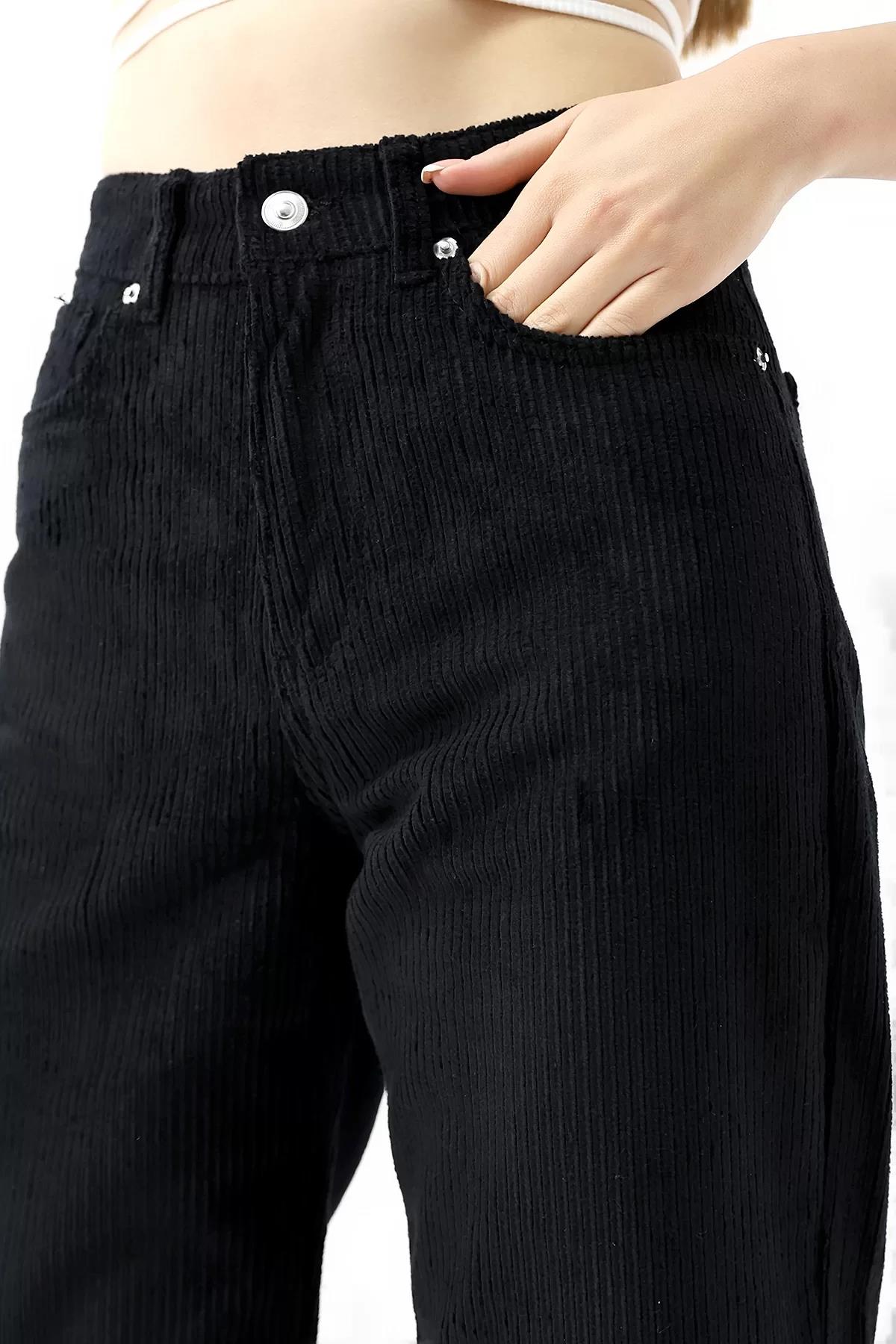 Yüksek Bel Kadife Straight Fit Pantolon