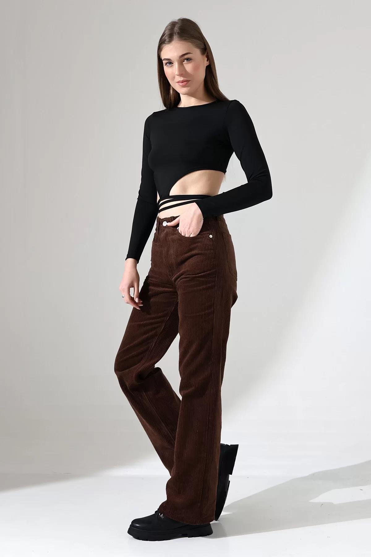 Yüksek Bel Kadife Straight Fit Pantolon