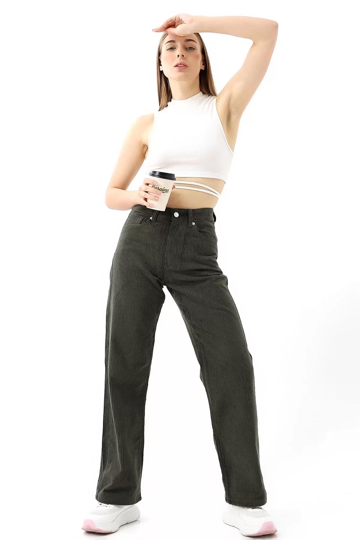 Yüksek Bel Kadife Straight Fit Pantolon