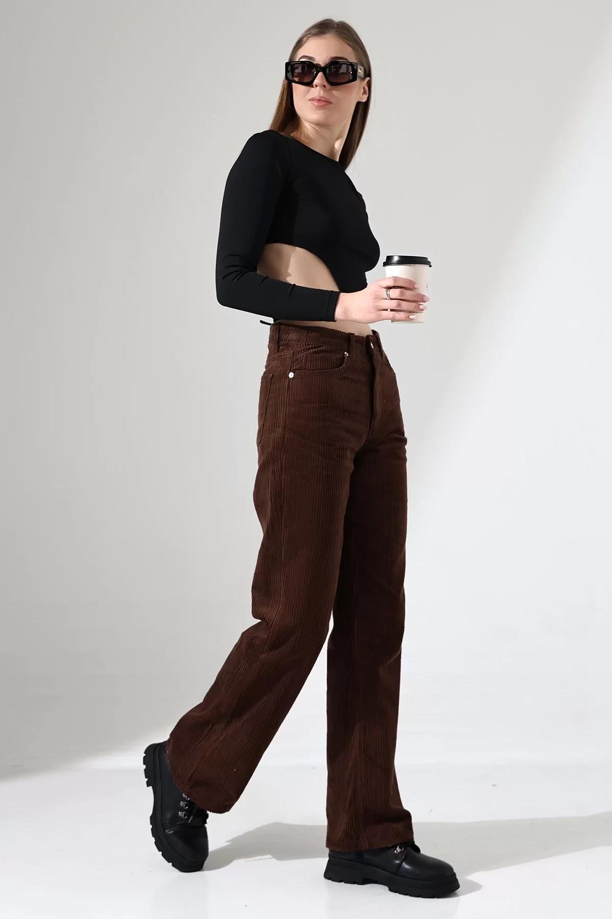 Yüksek Bel Kadife Straight Fit Pantolon