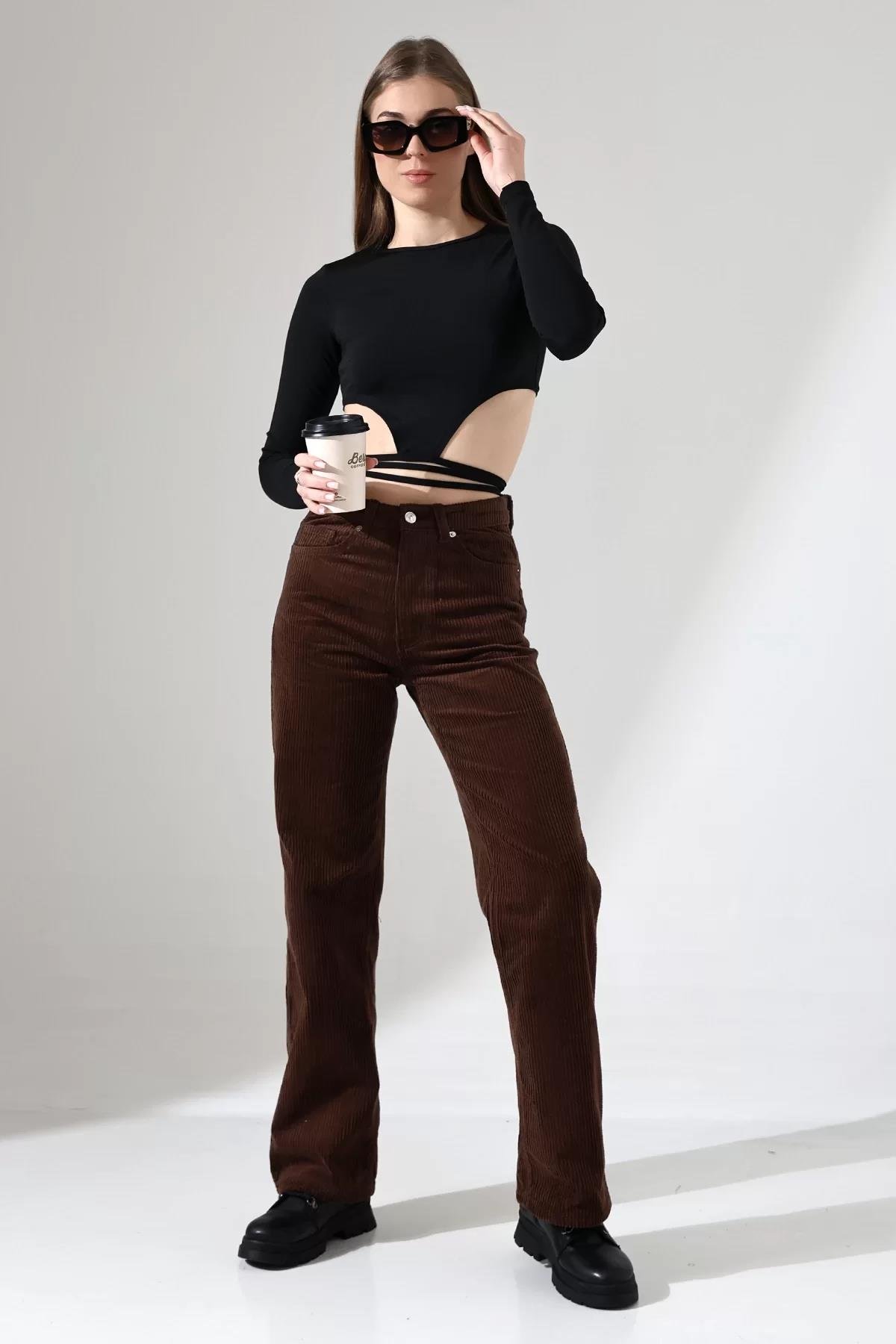 Yüksek Bel Kadife Straight Fit Pantolon
