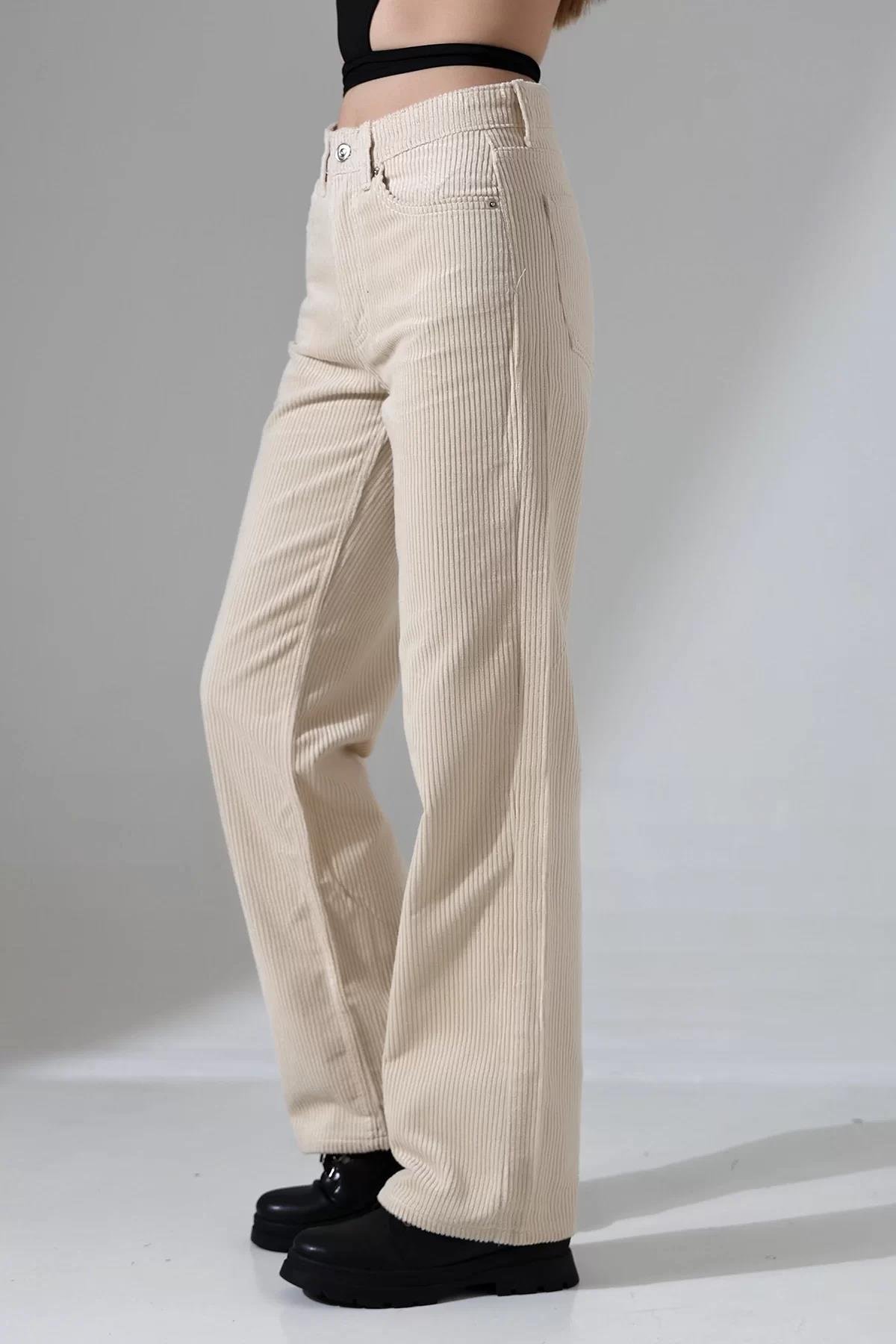 Yüksek Bel Kadife Straight Fit Pantolon