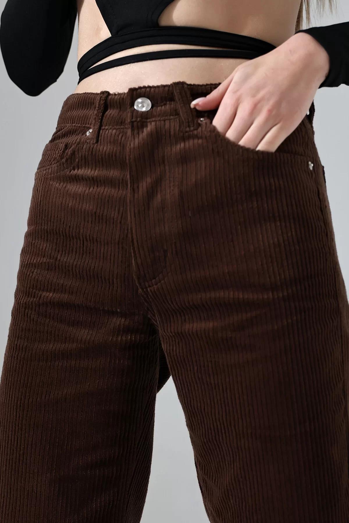 Yüksek Bel Kadife Straight Fit Pantolon