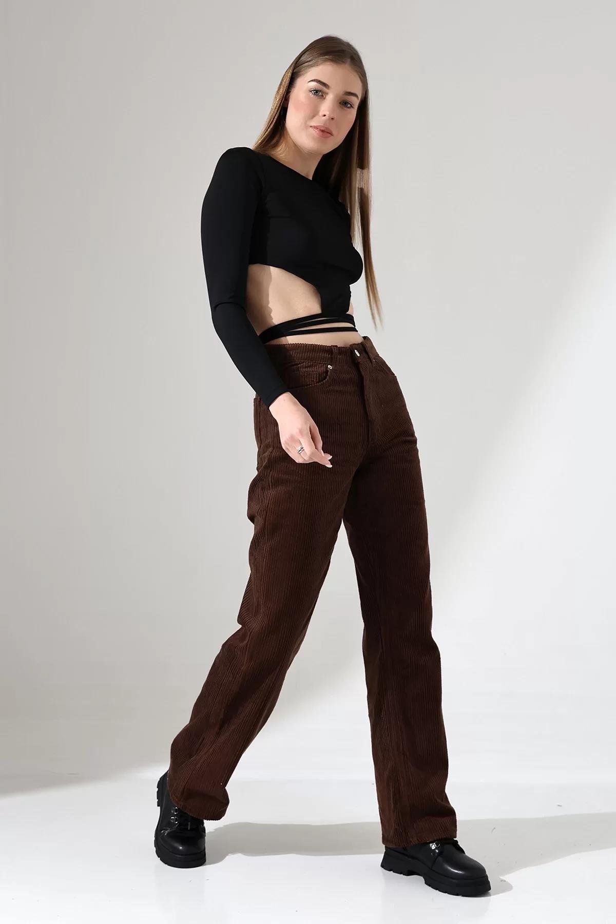 Yüksek Bel Kadife Straight Fit Pantolon