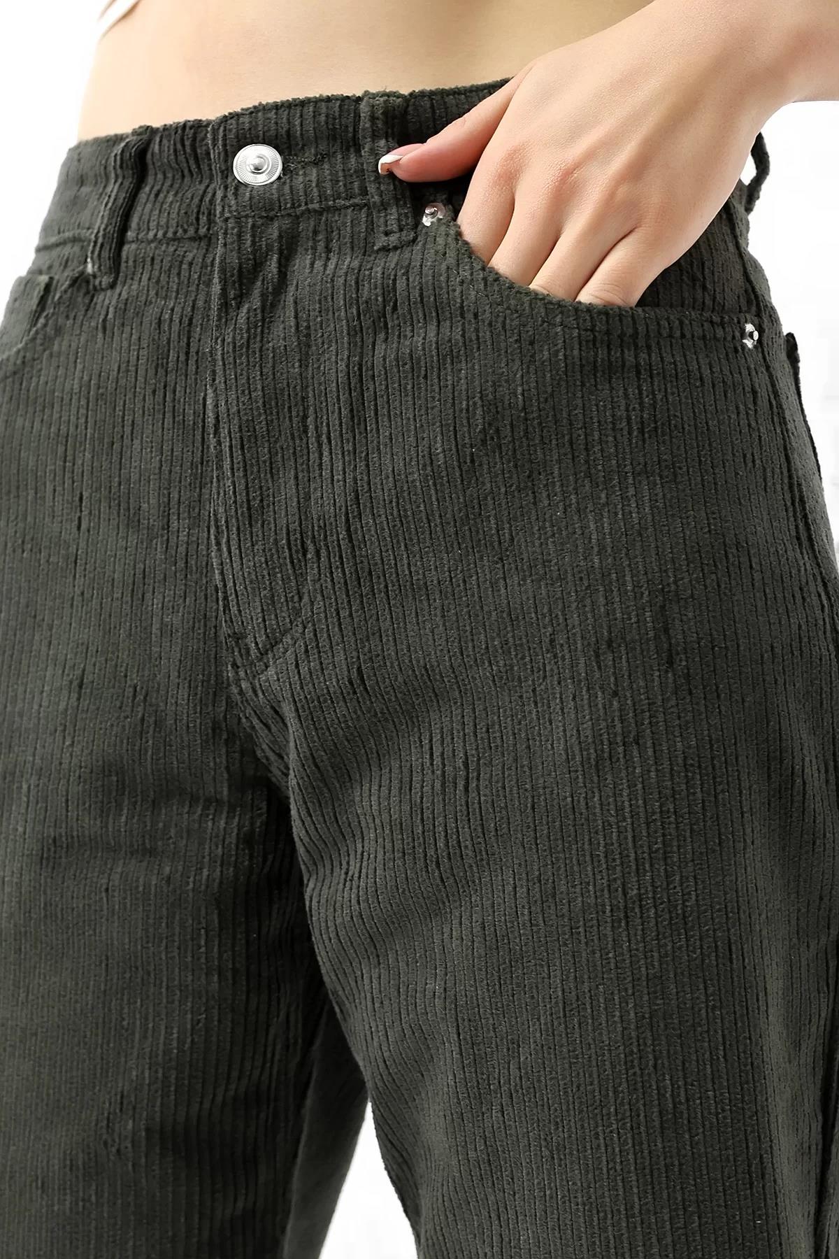 Yüksek Bel Kadife Straight Fit Pantolon