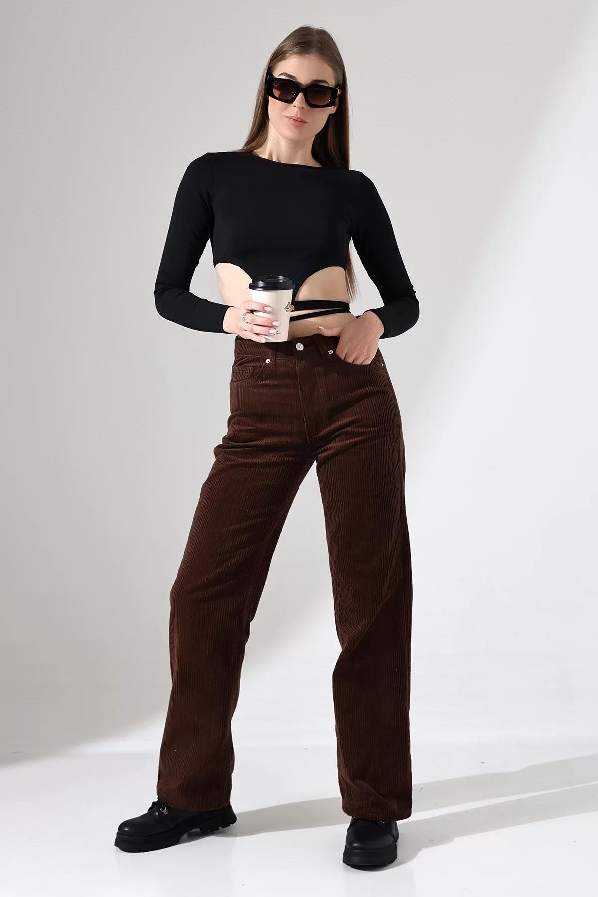 Yüksek Bel Kadife Straight Fit Pantolon