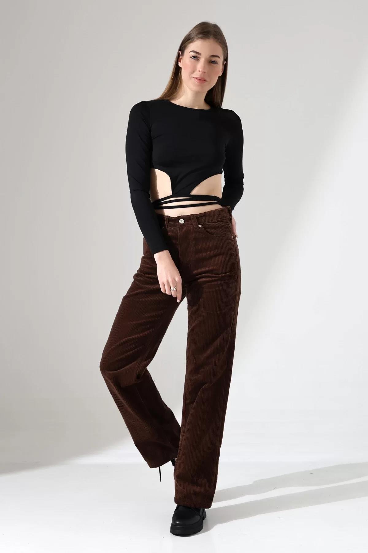 Yüksek Bel Kadife Straight Fit Pantolon