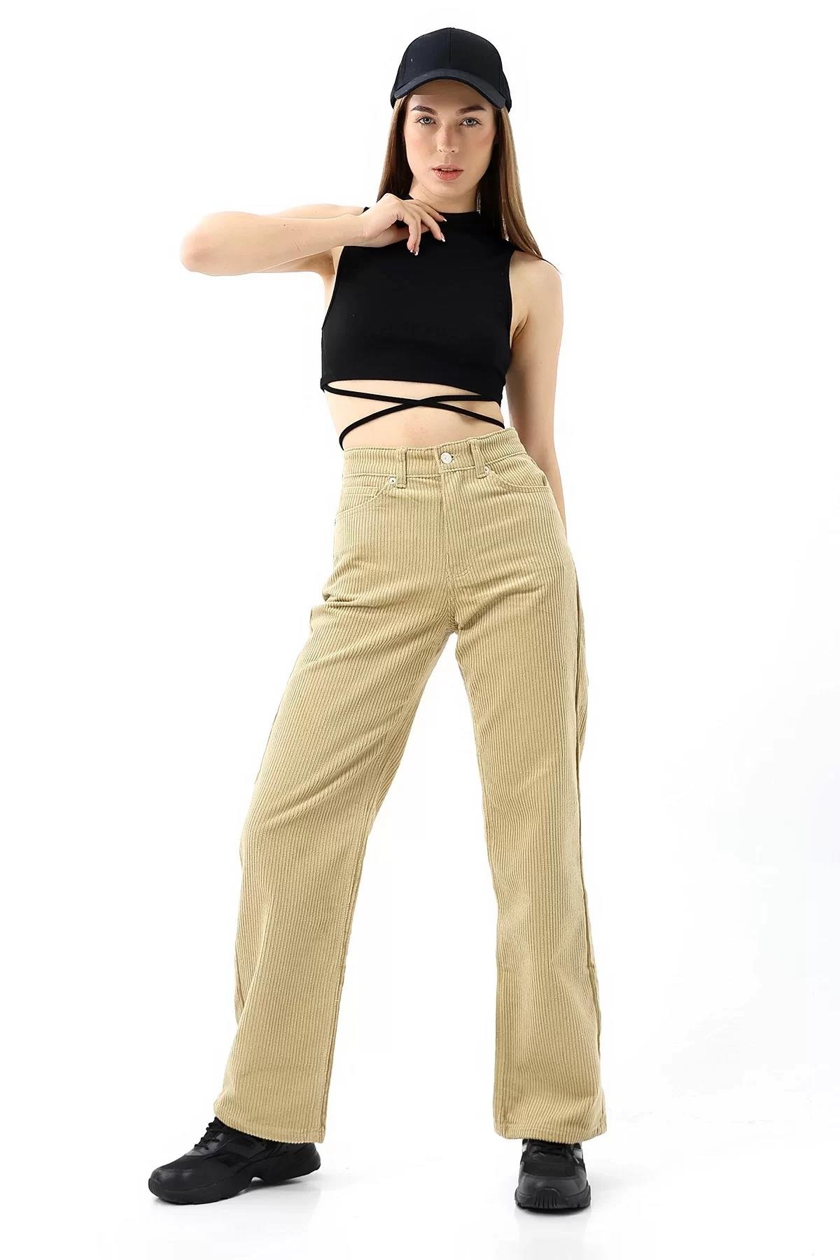 Yüksek Bel Kadife Straight Fit Pantolon