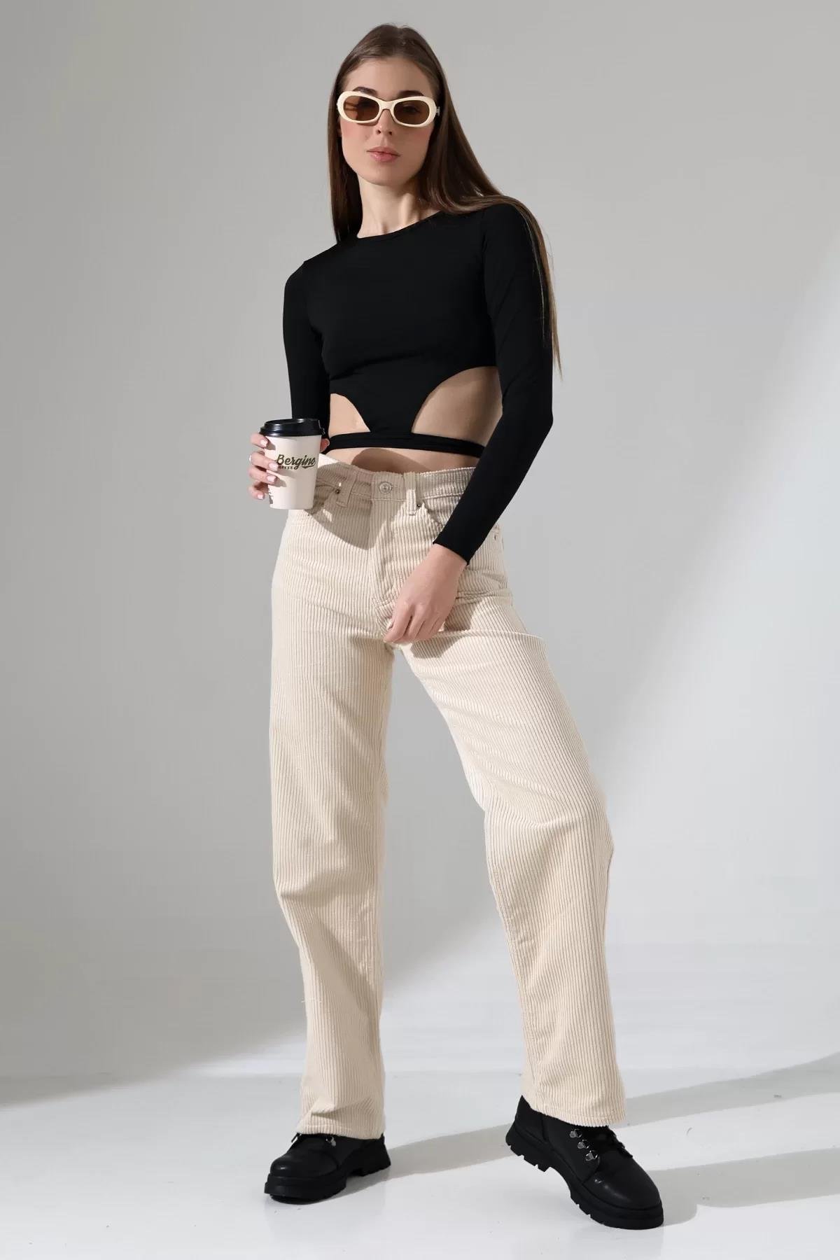 Yüksek Bel Kadife Straight Fit Pantolon