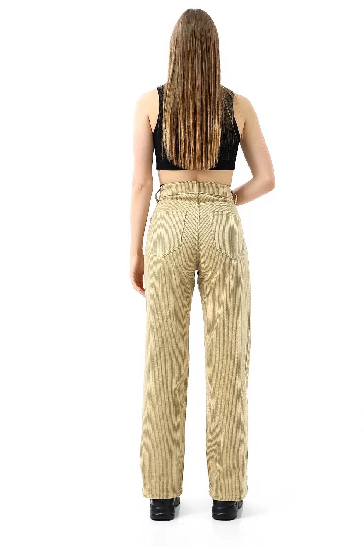 Yüksek Bel Kadife Straight Fit Pantolon
