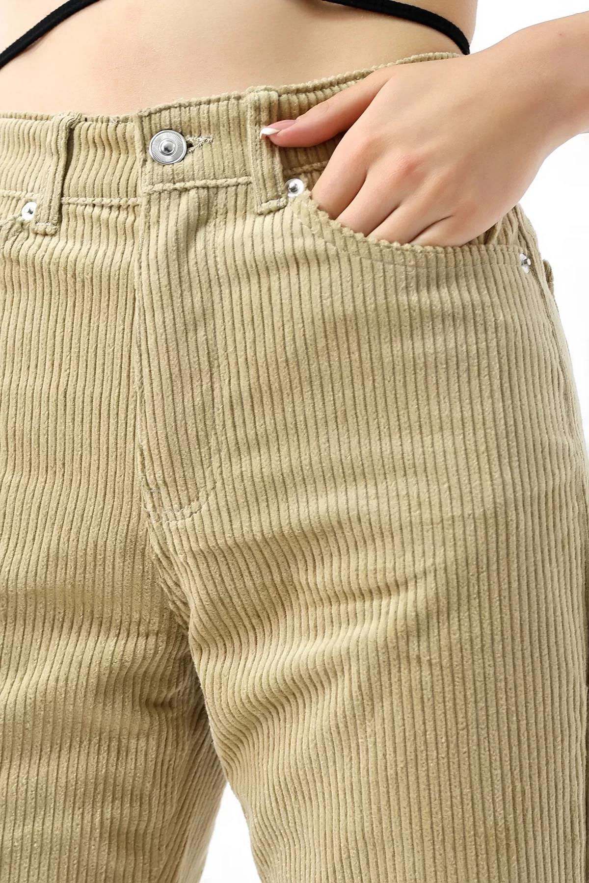 Yüksek Bel Kadife Straight Fit Pantolon