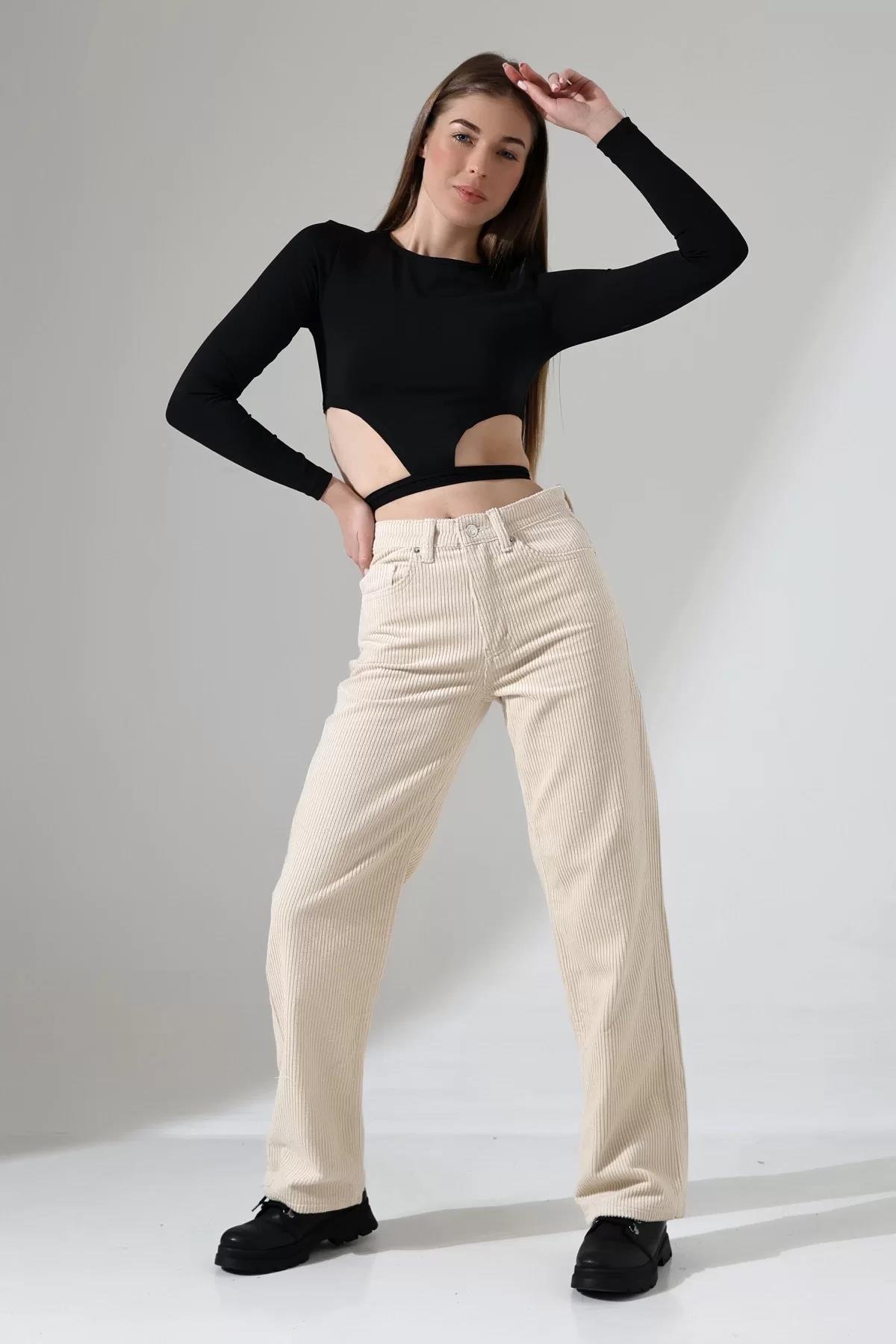 Yüksek Bel Kadife Straight Fit Pantolon