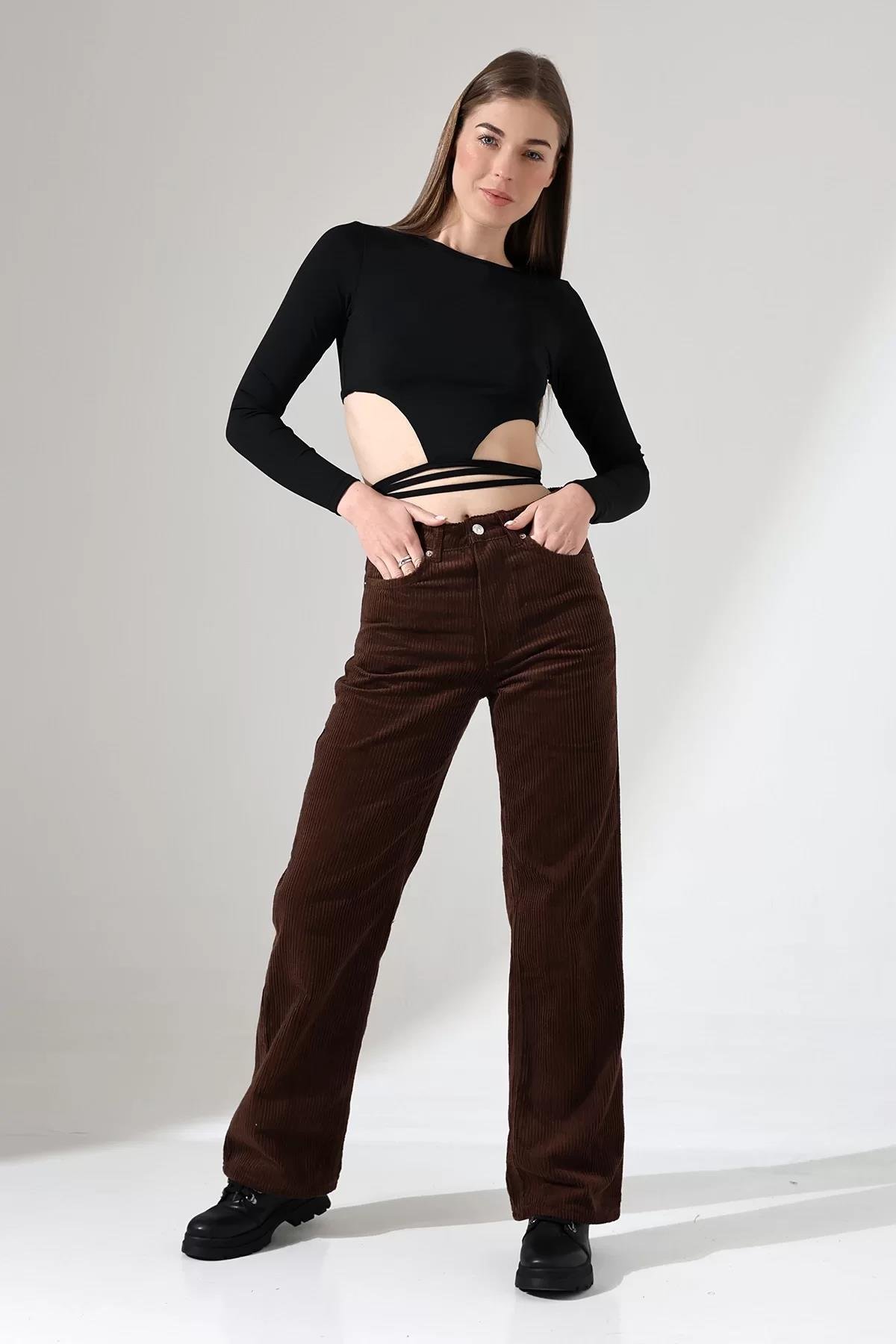 Yüksek Bel Kadife Straight Fit Pantolon