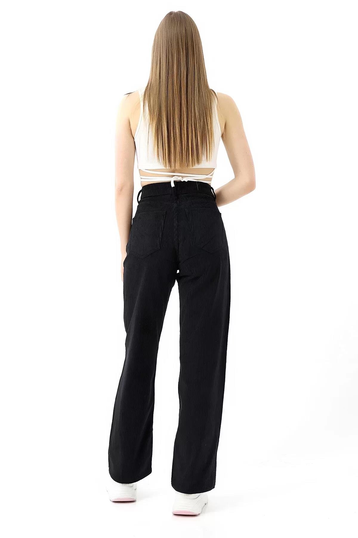 Yüksek Bel Kadife Straight Fit Pantolon