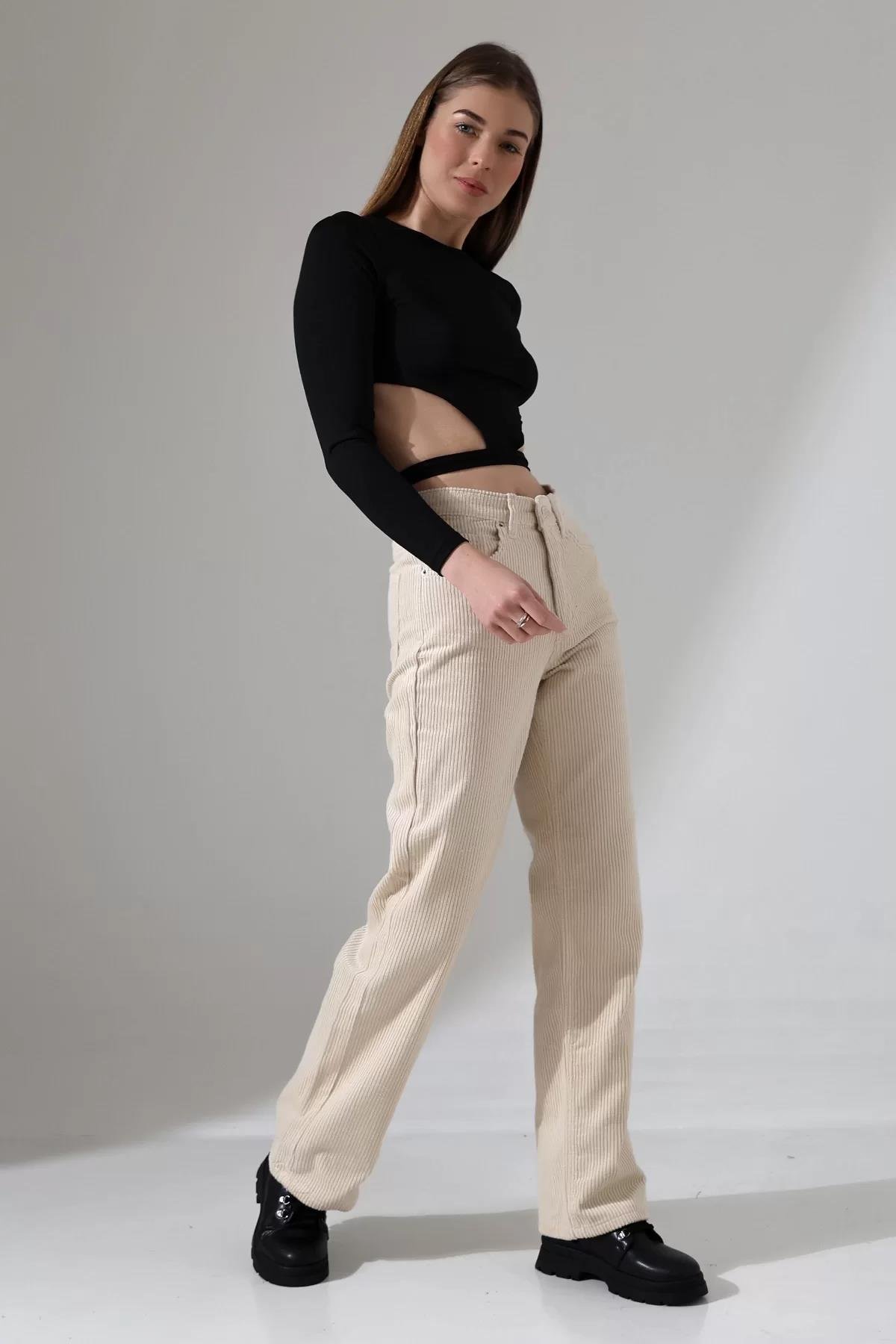 Yüksek Bel Kadife Straight Fit Pantolon