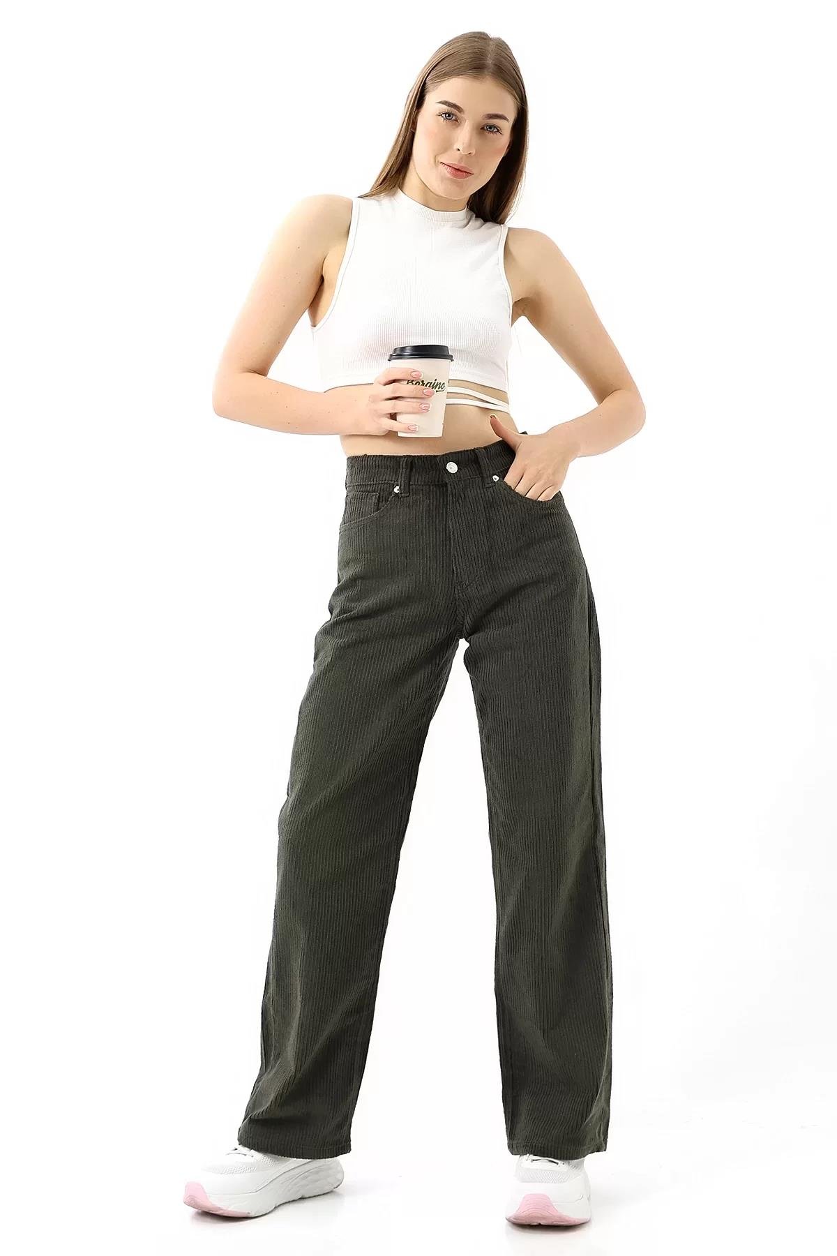 Yüksek Bel Kadife Straight Fit Pantolon