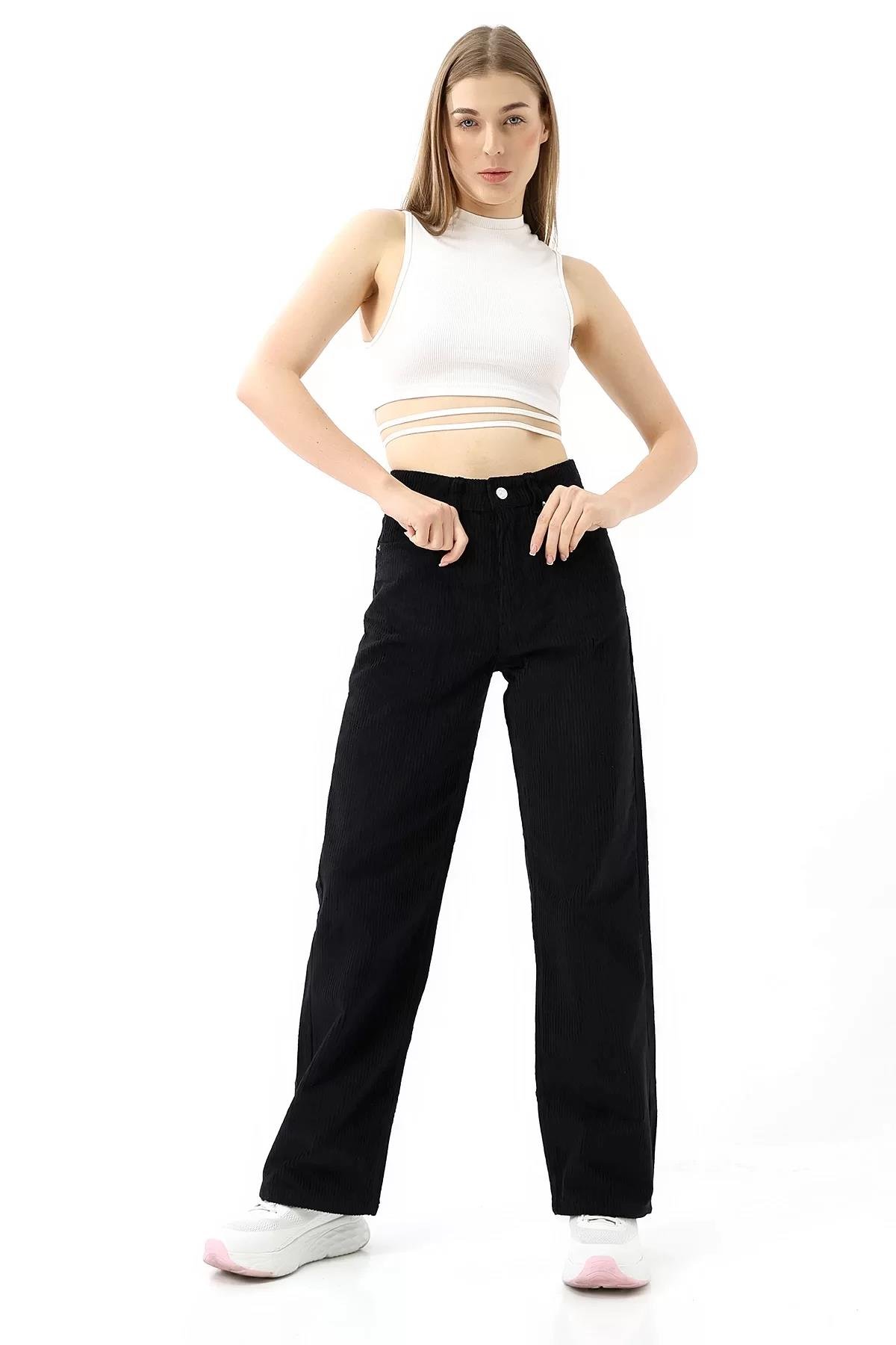 Yüksek Bel Kadife Straight Fit Pantolon