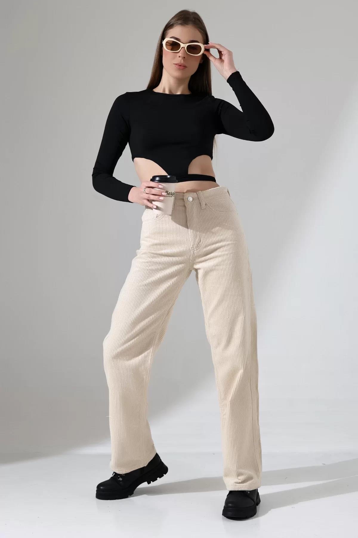Yüksek Bel Kadife Straight Fit Pantolon