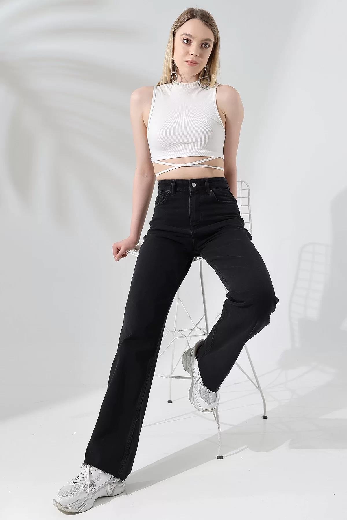 YÜKSEK BEL KESİK PAÇA ANTRASİT YIKAMALI STRAIGHT FIT JEAN