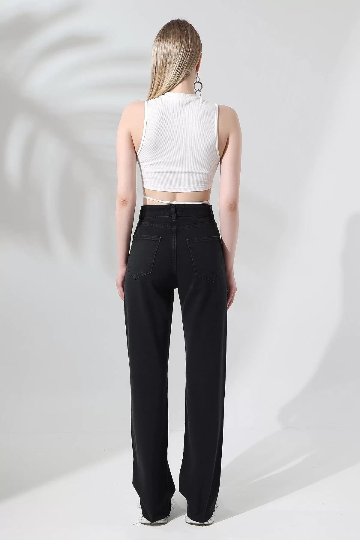 YÜKSEK BEL KESİK PAÇA ANTRASİT YIKAMALI STRAIGHT FIT JEAN