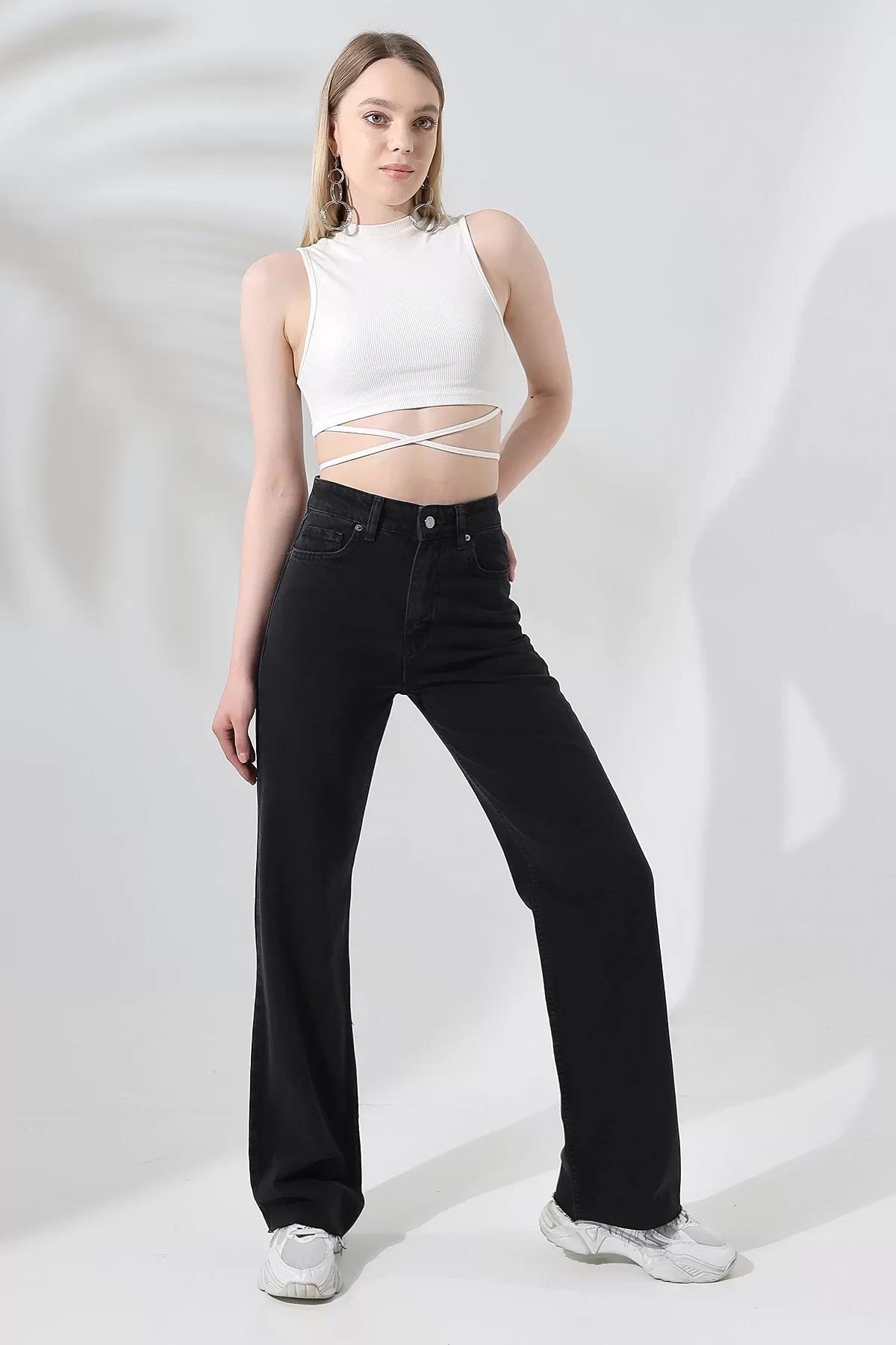 YÜKSEK BEL KESİK PAÇA ANTRASİT YIKAMALI STRAIGHT FIT JEAN