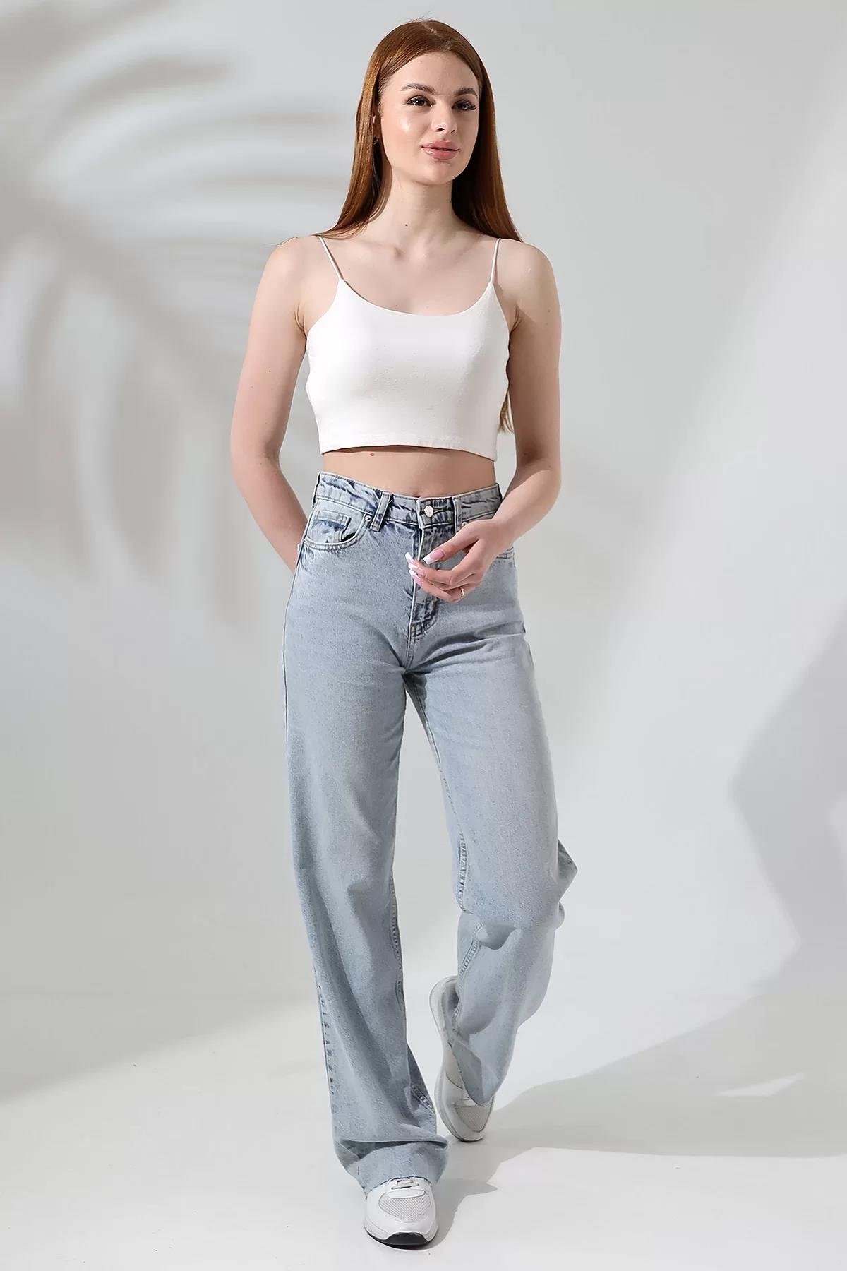 YÜKSEK BEL KESİK PAÇA BUZ MAVİSİ STRAIGHT FIT JEAN
