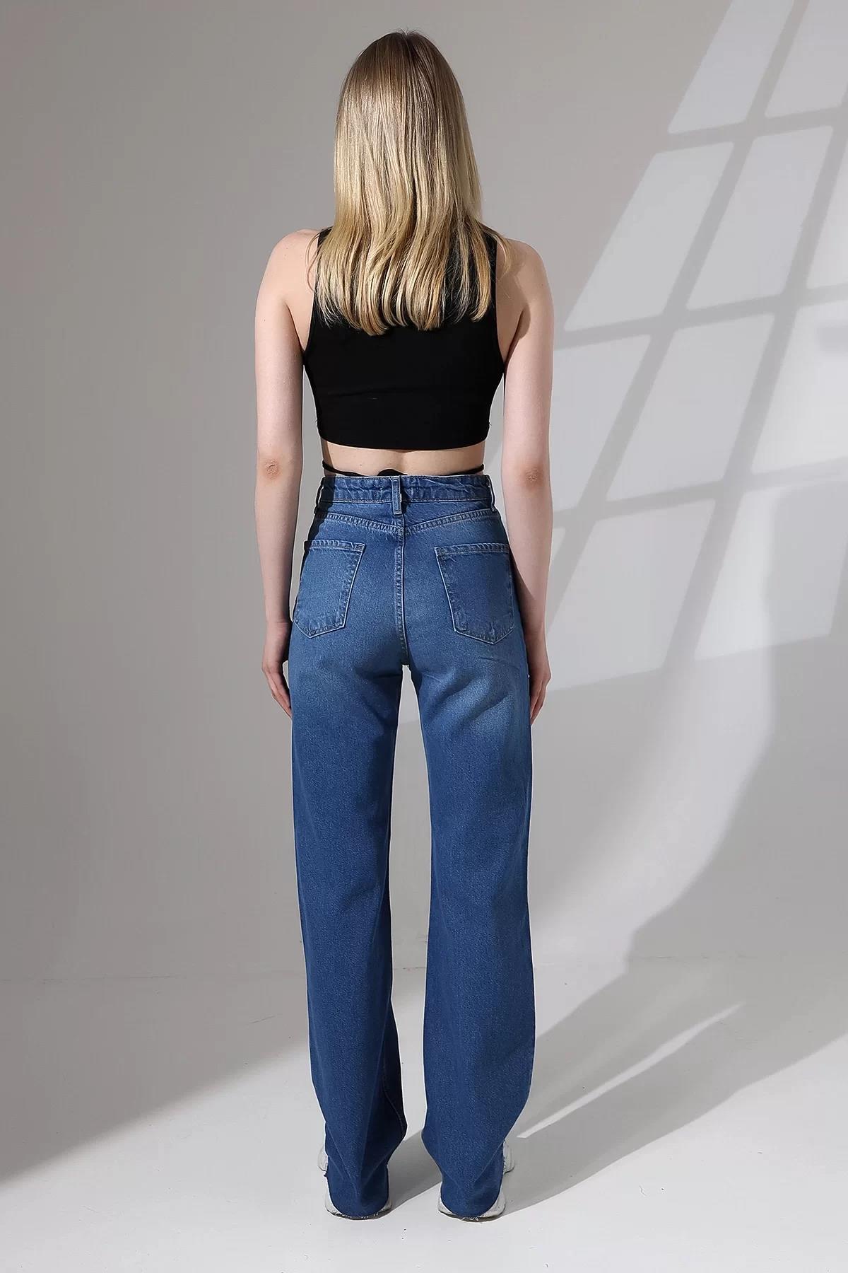 YÜKSEK BEL KESİK PAÇA KOYU MAVİ STRAIGHT FIT JEAN
