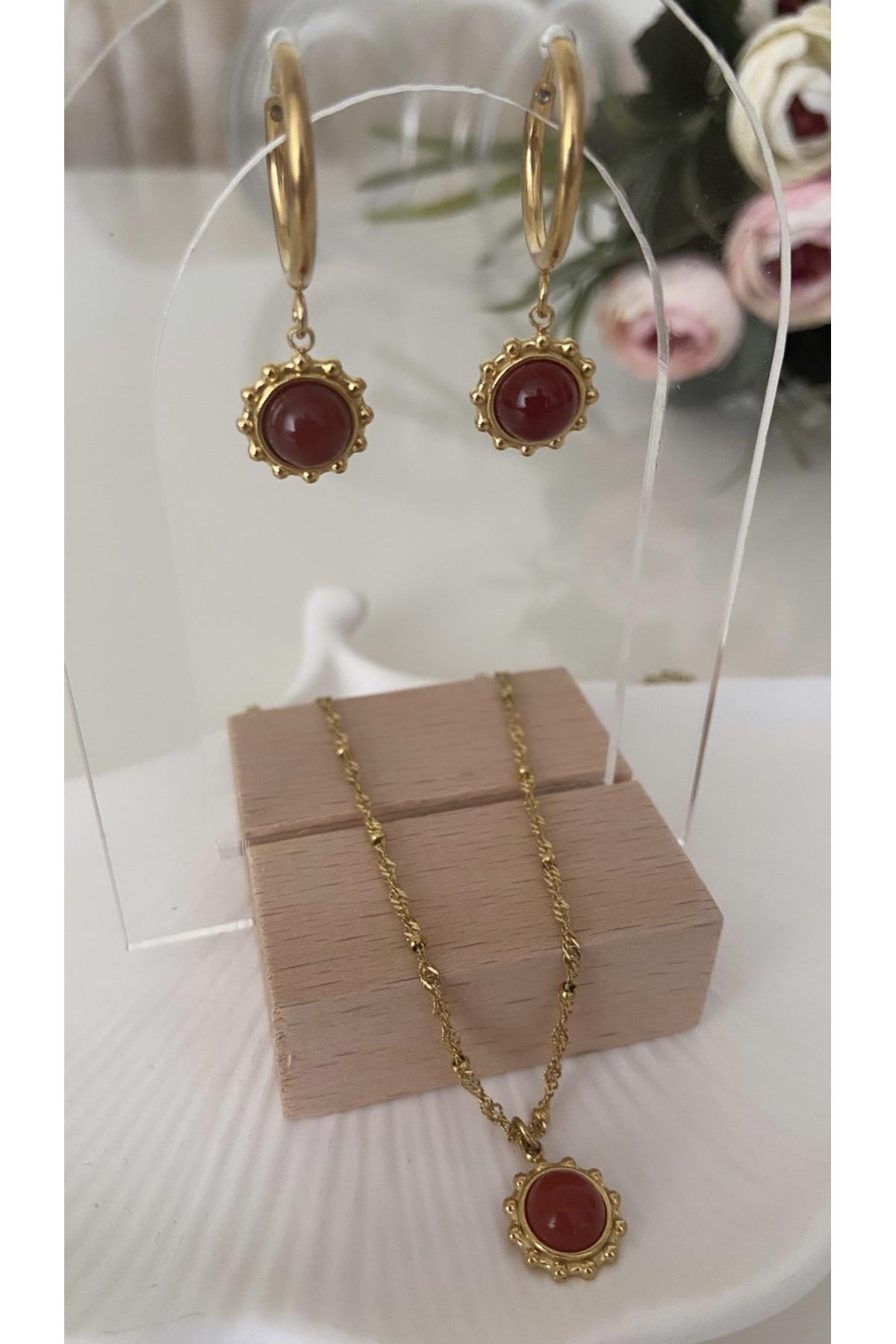 ( 3 PARÇA ÇELİK SET - KÜPE ve KOLYE ) ÇELİK VİNTAGE TASARIM Bordo Gerçek AKİK TAŞI Kolye & Küpe