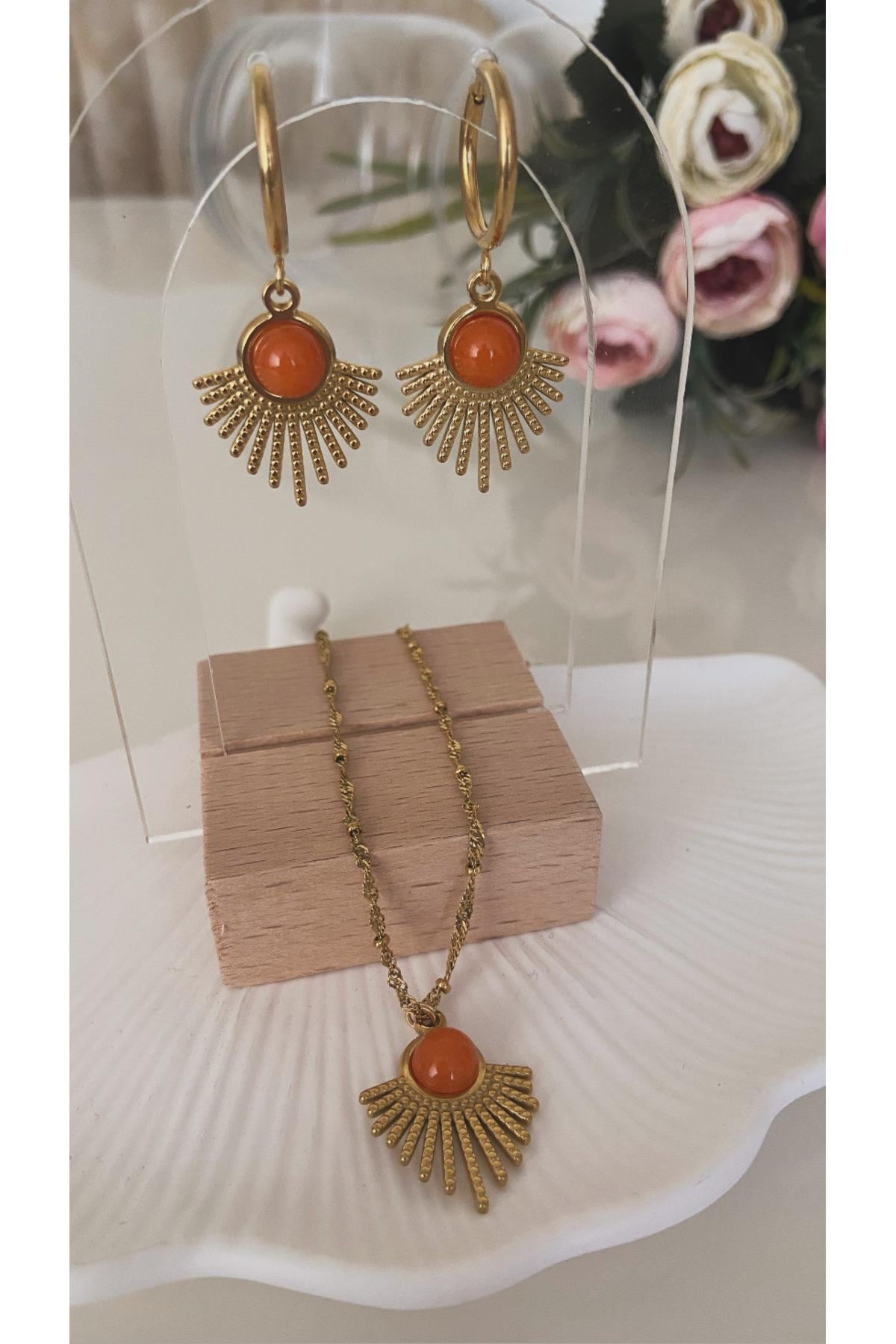 ( 3 PARÇA ÇELİK SET - KÜPE ve KOLYE ) ÇELİK VİNTAGE TASARIM Turuncu Gerçek AKİK TAŞI Kolye & Küpe