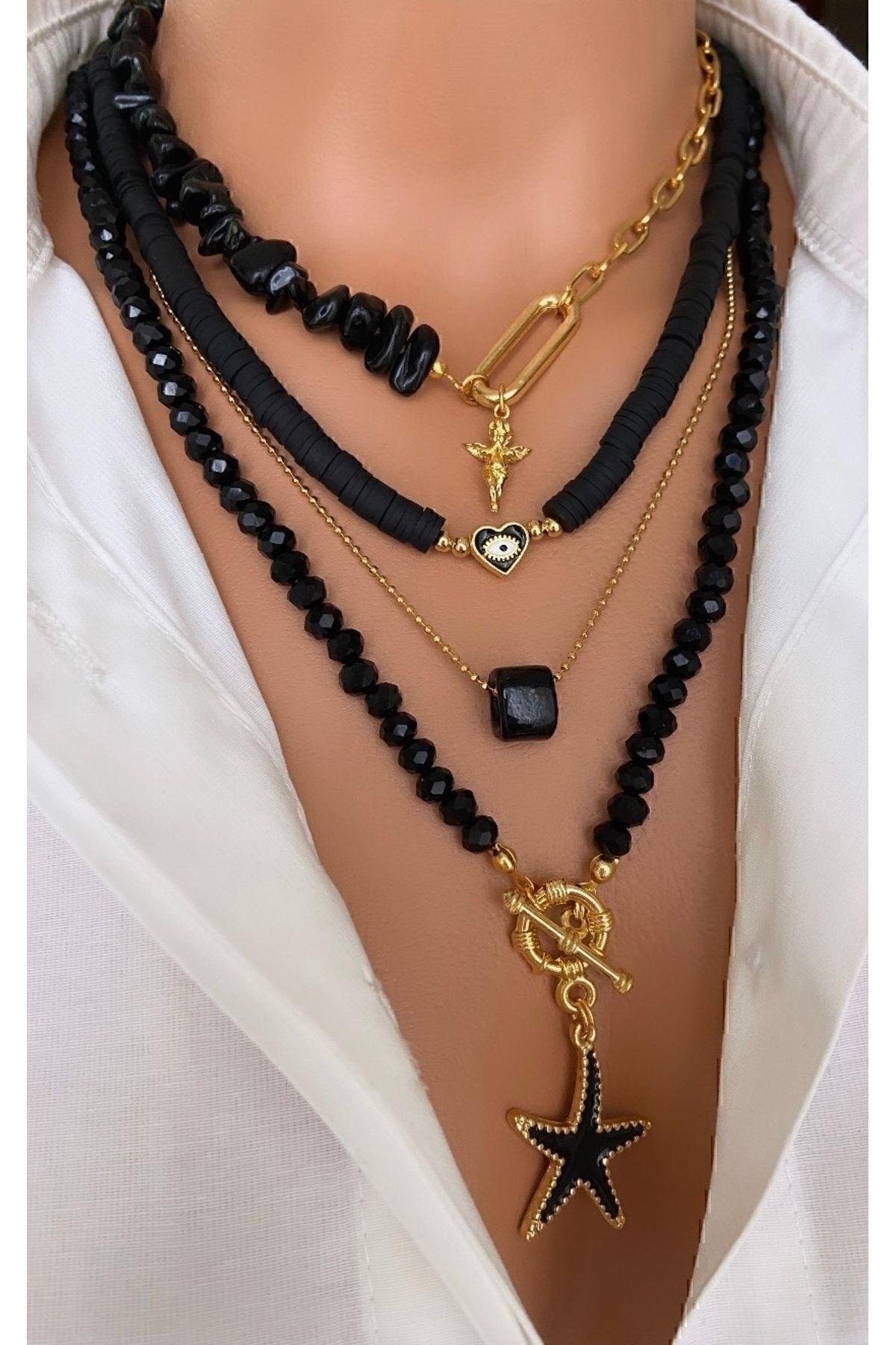 ( 4 Kolye ) Doğal Taş Kadın Siyah Oniks Çelik Zincir Altın Kaplama Melek Yıldız Özel Kadın Kolye