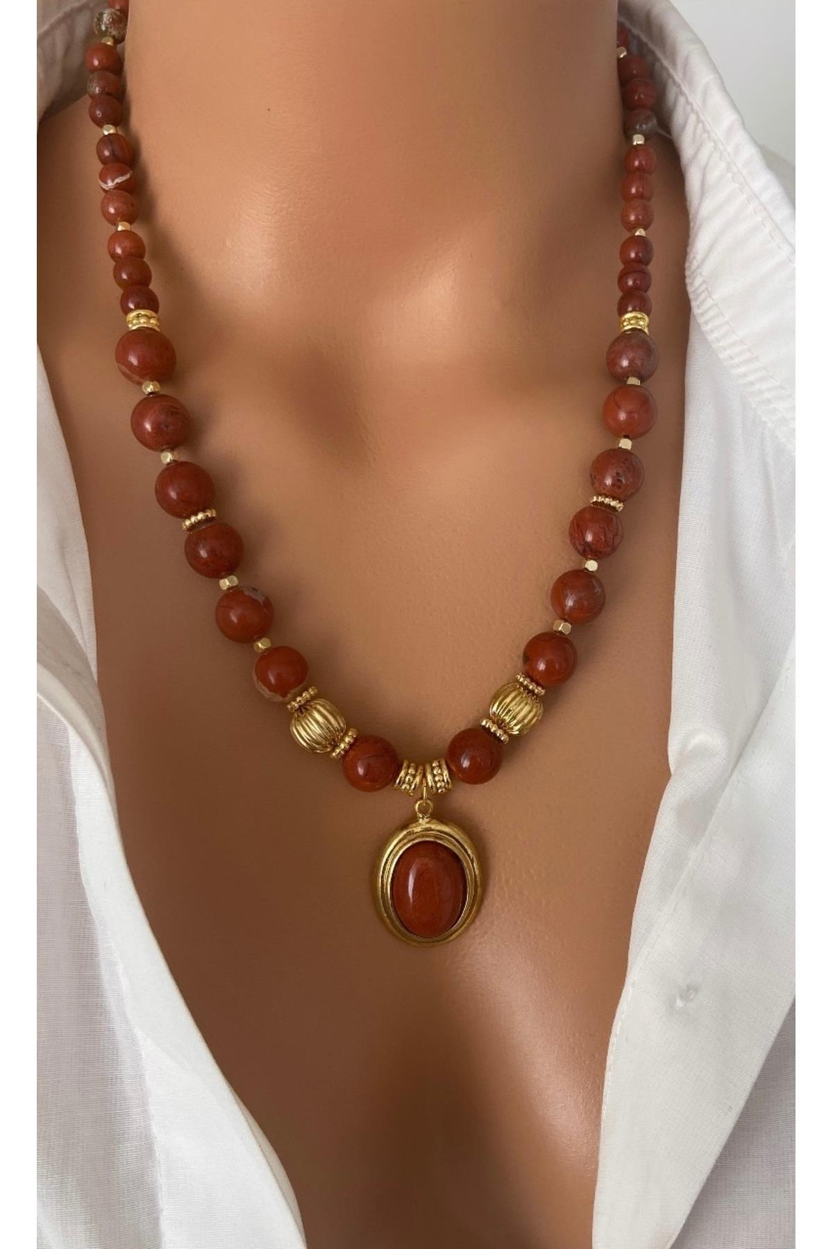 ALTIN KAPLAMALI Gerçek DOĞAL TAŞ Red Jasper Kahve 6-10 mm Taş Uç Özel Tasarım Kadın Kolye