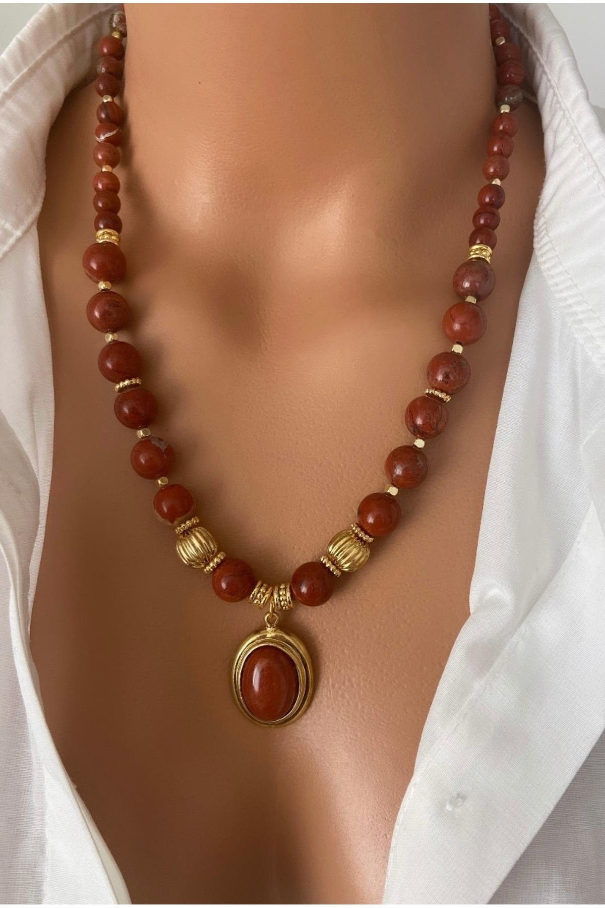 ALTIN KAPLAMALI Gerçek DOĞAL TAŞ Red Jasper Kahve 6-10 mm Taş Uç Özel Tasarım Kadın Kolye