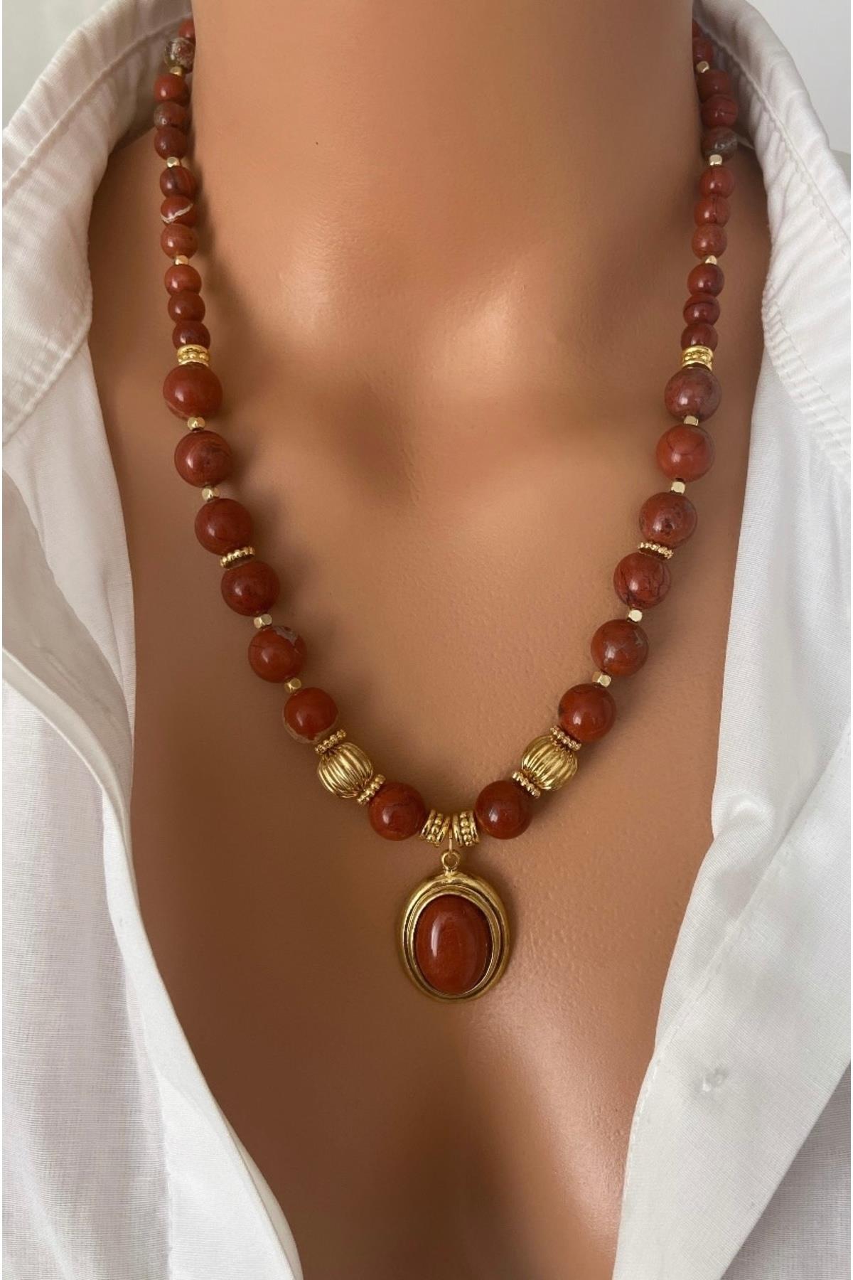 ALTIN KAPLAMALI Gerçek DOĞAL TAŞ Red Jasper Kahve 6-10 mm Taş Uç Özel Tasarım Kadın Kolye