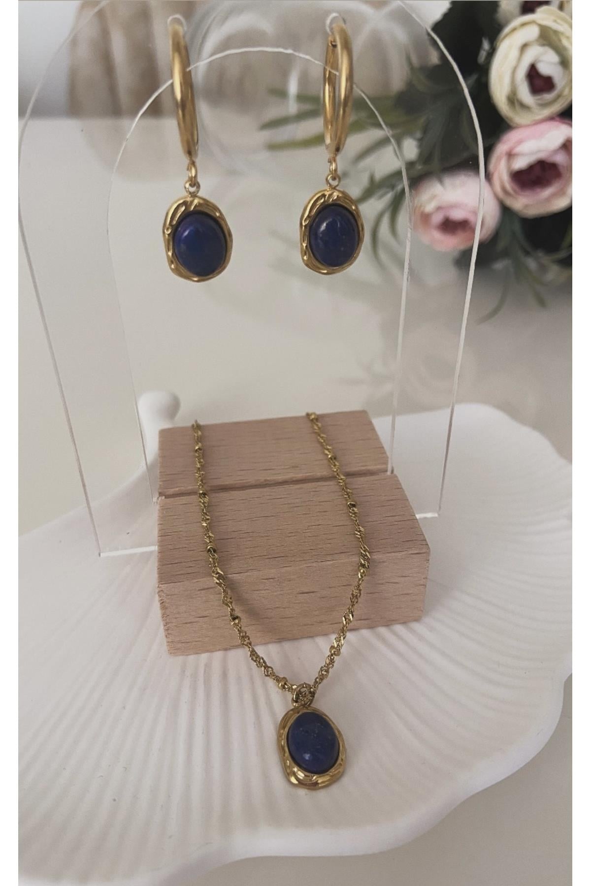 ÇELİK VİNTAGE TASARIM Üçlü Lapis Taş KOLYE & KÜPE SET
