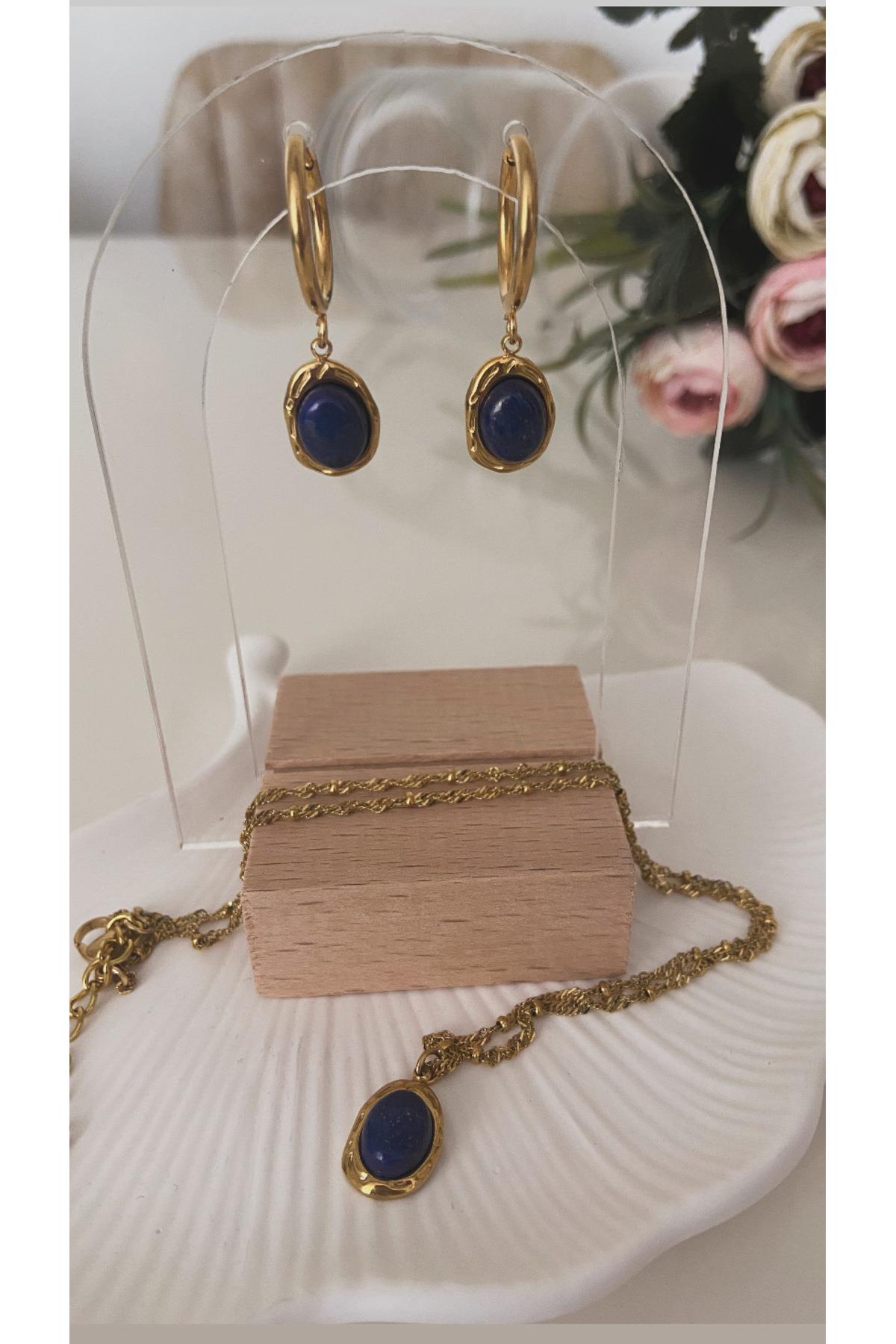 ÇELİK VİNTAGE TASARIM Üçlü Lapis Taş KOLYE & KÜPE SET