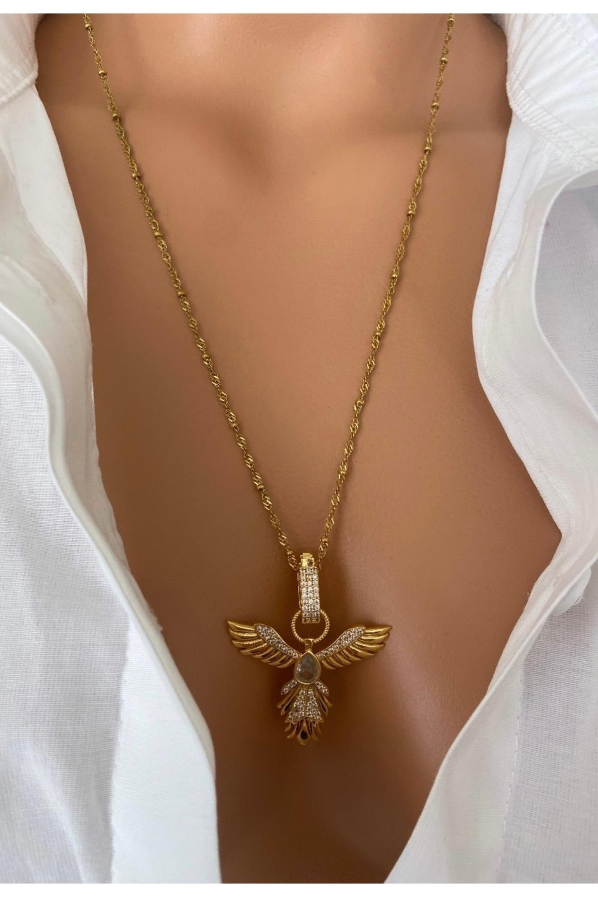 Çelik Zincir Zirkon Taşlı Anka Kuşu Gold 60 Cm Kadın Kolye Anne Sevgili Özel Hediye