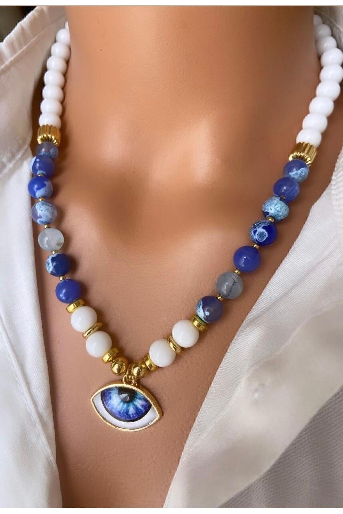 Doğal Taş Mavi Kuvars Ve Taşı Altın Kaplamalı Özel Tasarım Kadın Kolye Anne Sevgili Hediye