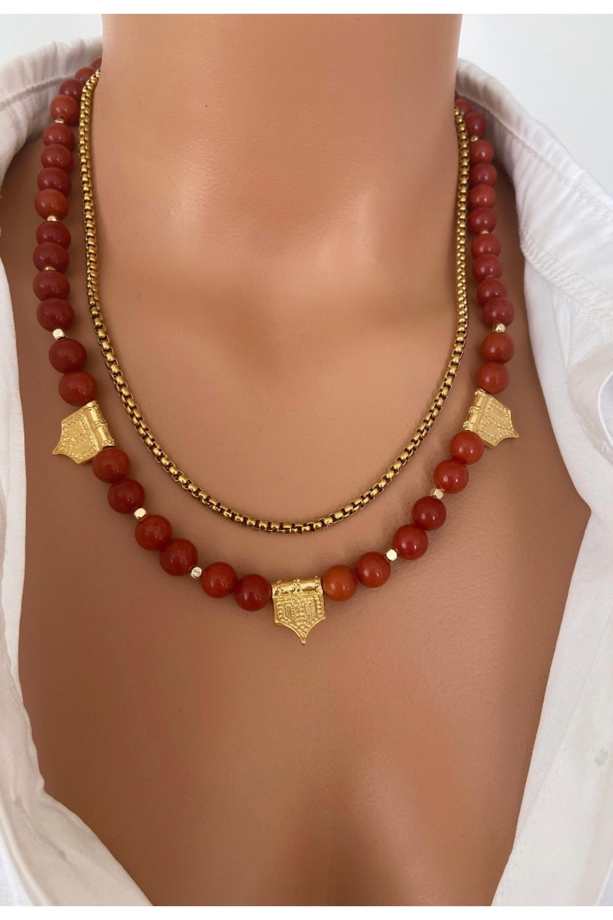 DOĞAL TAŞ Red jasper ÇELİK ZİNCİR Detaylı Özel Altın Kaplama Aparat Kolye Kadın Anne Sevgili Hediye